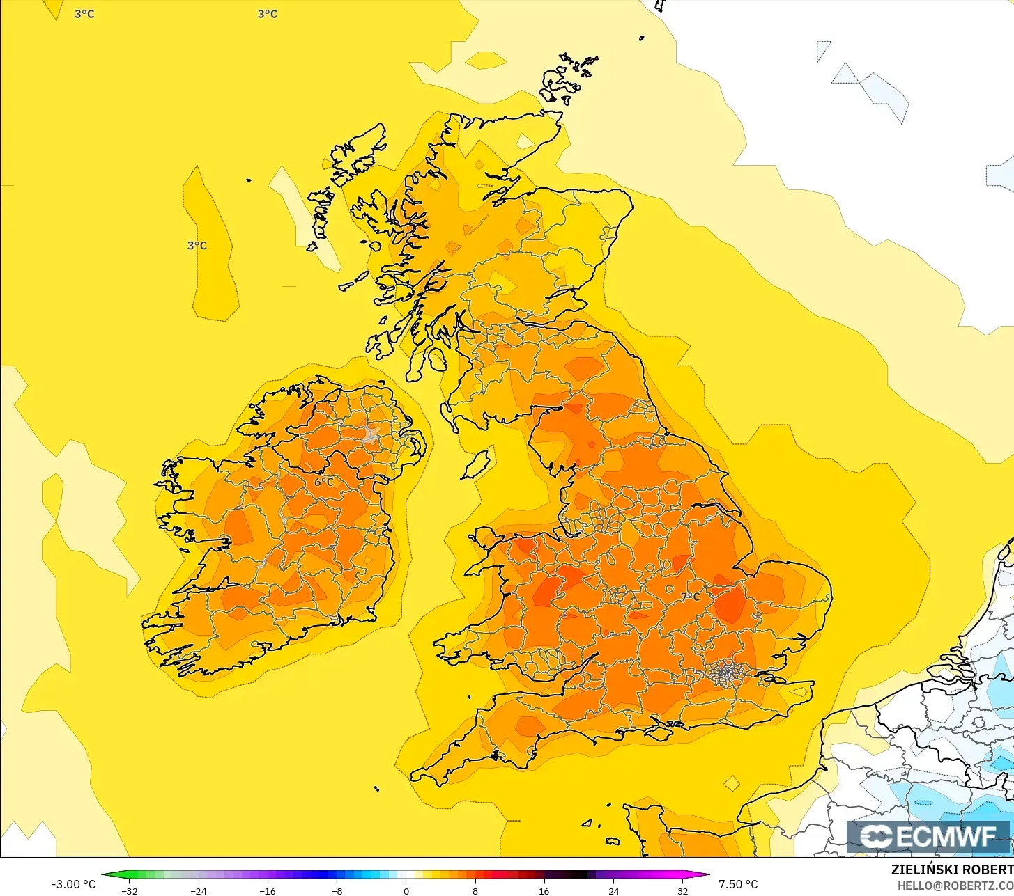 ECMWF IFS 0.25° model - United Kingdom, Temperature at 2m Anomaly