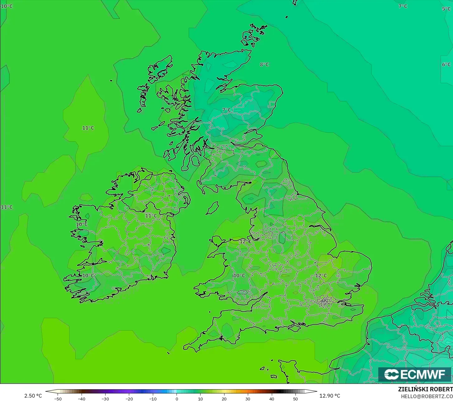 ECMWF IFS 0.25° نموذج - المملكة المتحدة, درجة الحرارة على ارتفاع 2 م