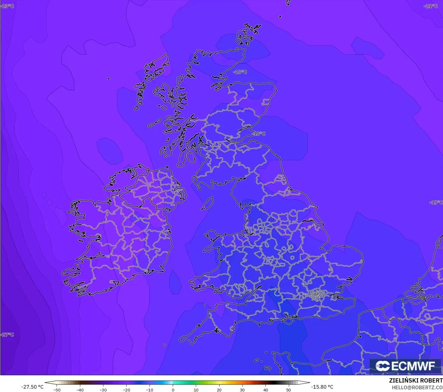 ECMWF IFS 0.25° نموذج - المملكة المتحدة, درجة الحرارة 500 hPa