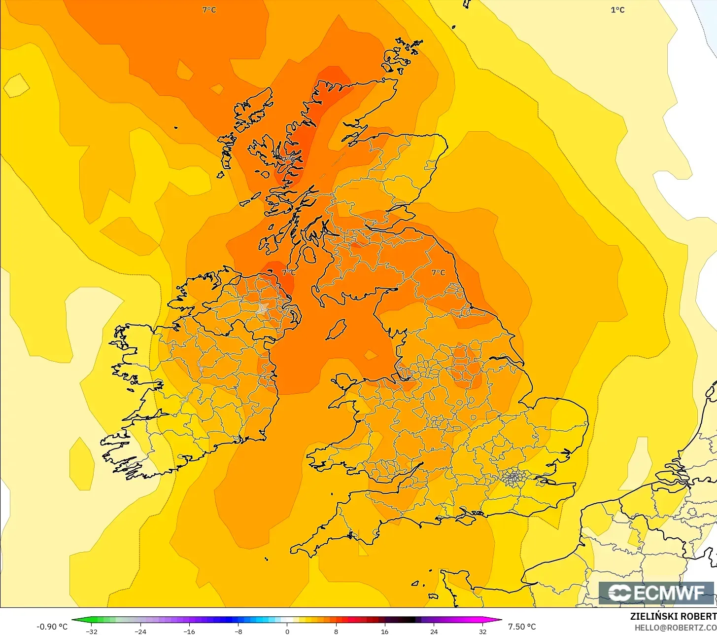 ECMWF IFS 0.25° نموذج - المملكة المتحدة, انحراف درجة الحرارة 850 hPa