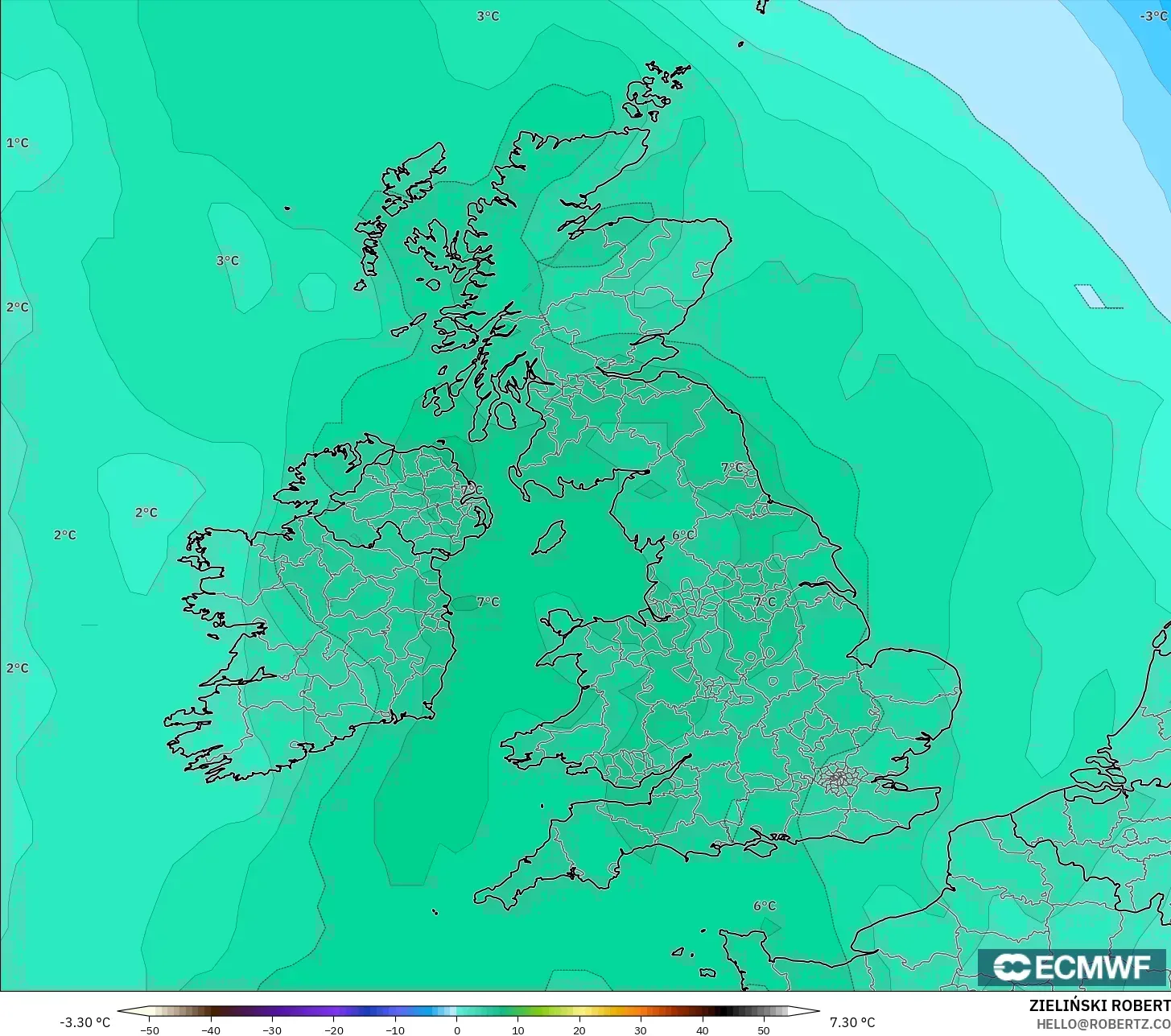 ECMWF IFS 0.25° نموذج - المملكة المتحدة, درجة الحرارة 850 hPa