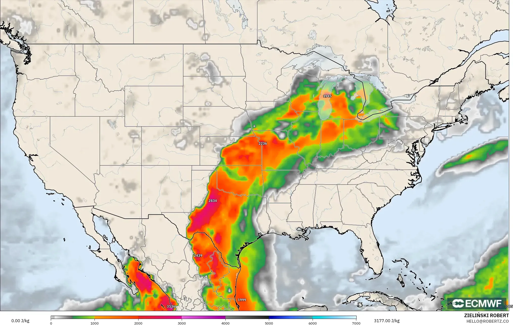 ECMWF IFS 0.25° نموذج - الولايات المتحدة, CAPE