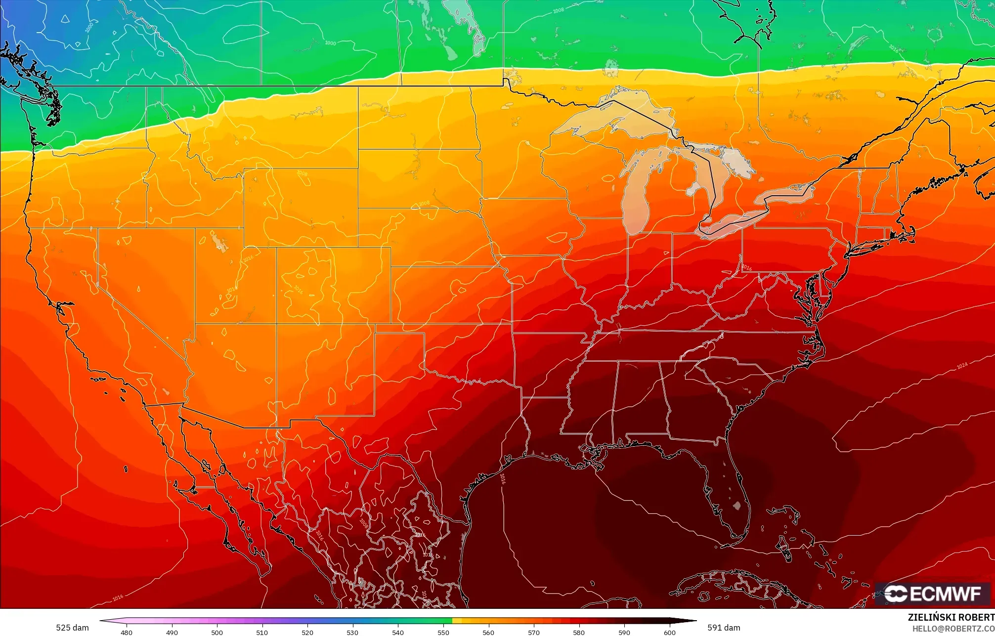 ECMWF IFS 0.25° نموذج - الولايات المتحدة, الارتفاع الجهدي عند 500 هكتوباسكال