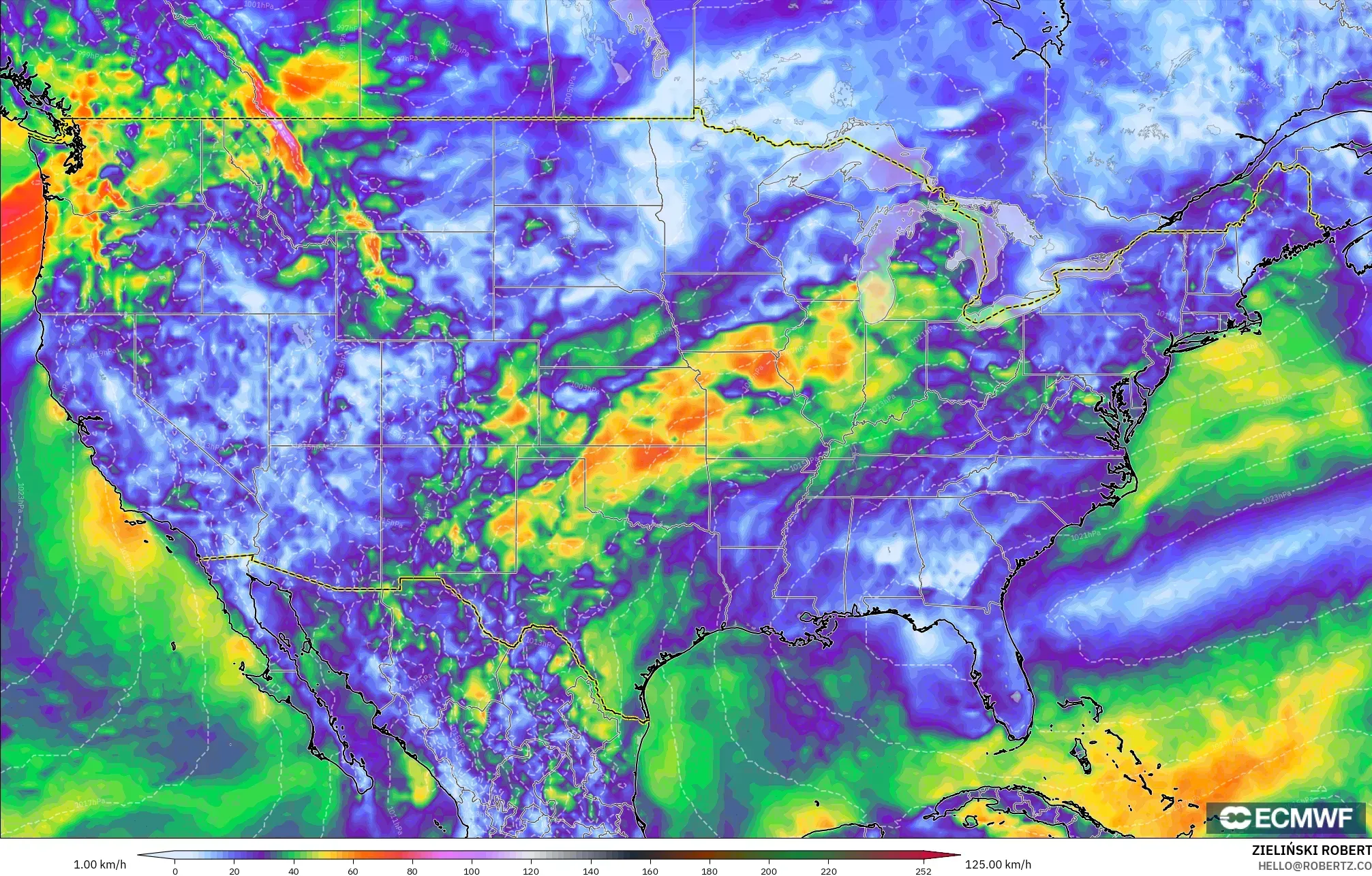 ECMWF IFS 0.25° نموذج - الولايات المتحدة, هبات الرياح