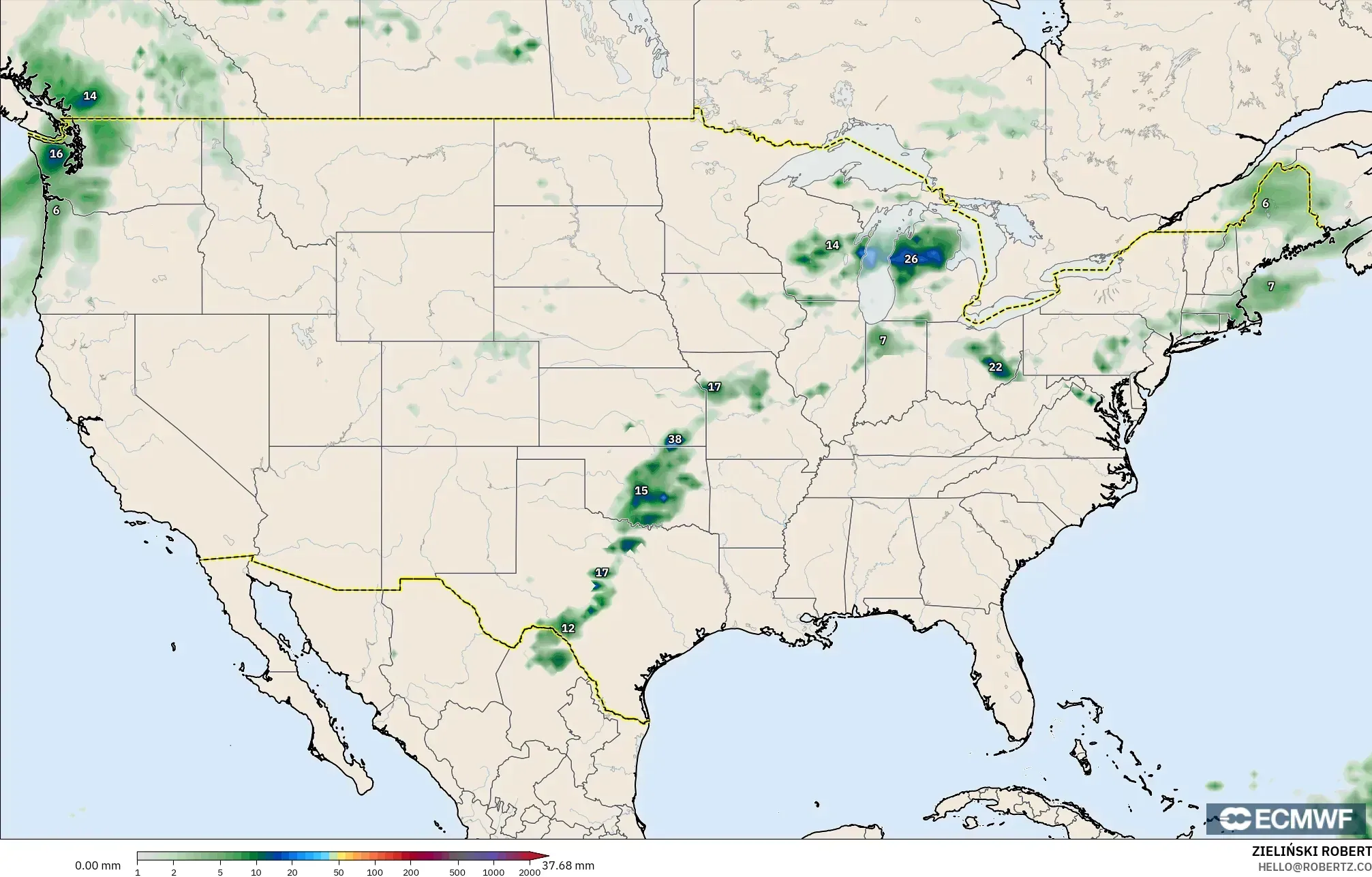 ECMWF IFS 0.25° نموذج - الولايات المتحدة, تراكم الهطول