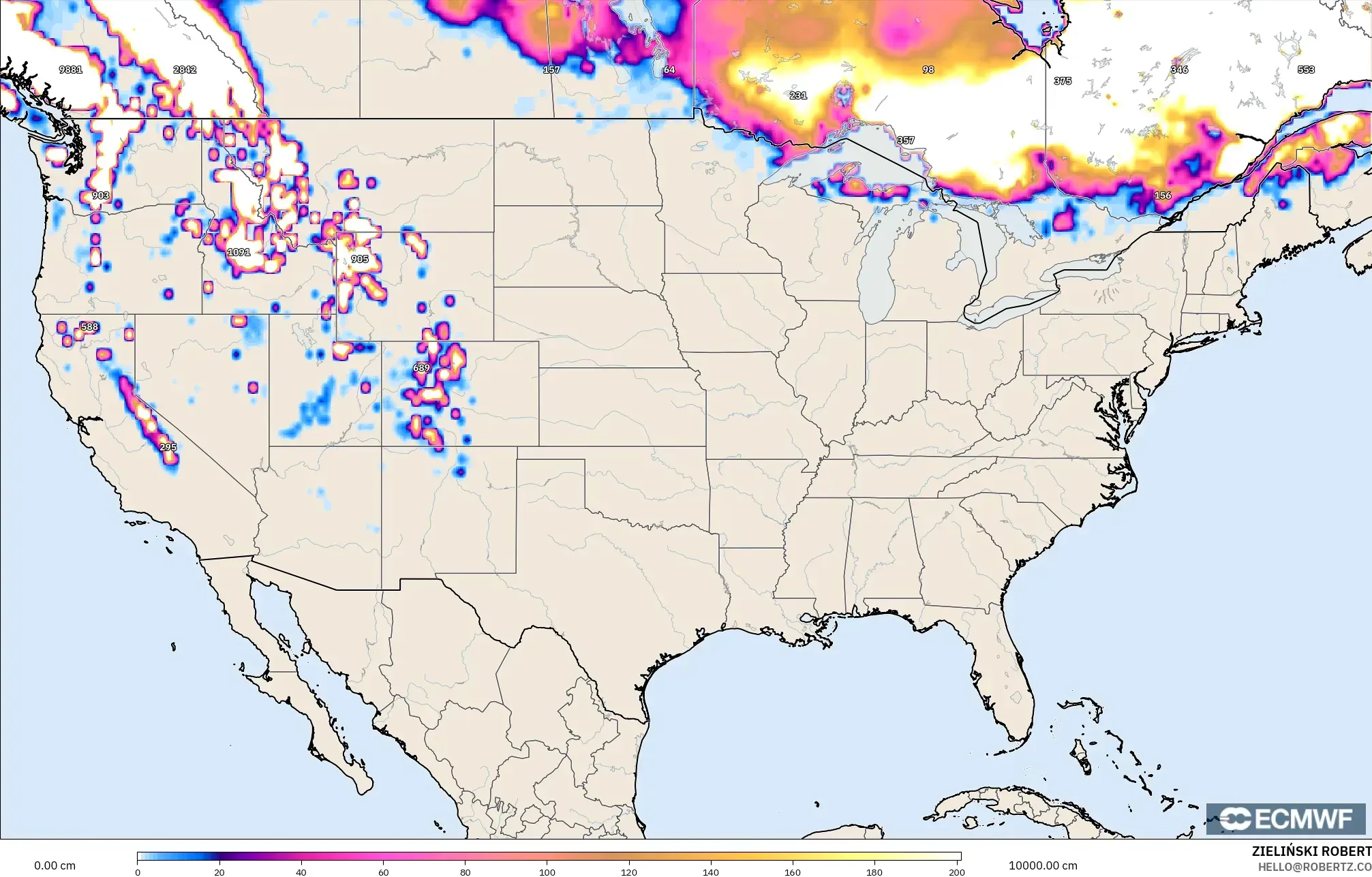 ECMWF IFS 0.25° نموذج - الولايات المتحدة, عمق الثلج