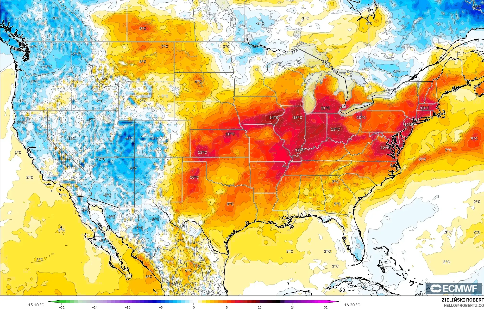 ECMWF IFS 0.25° نموذج - الولايات المتحدة, انحراف درجة الحرارة 2 م