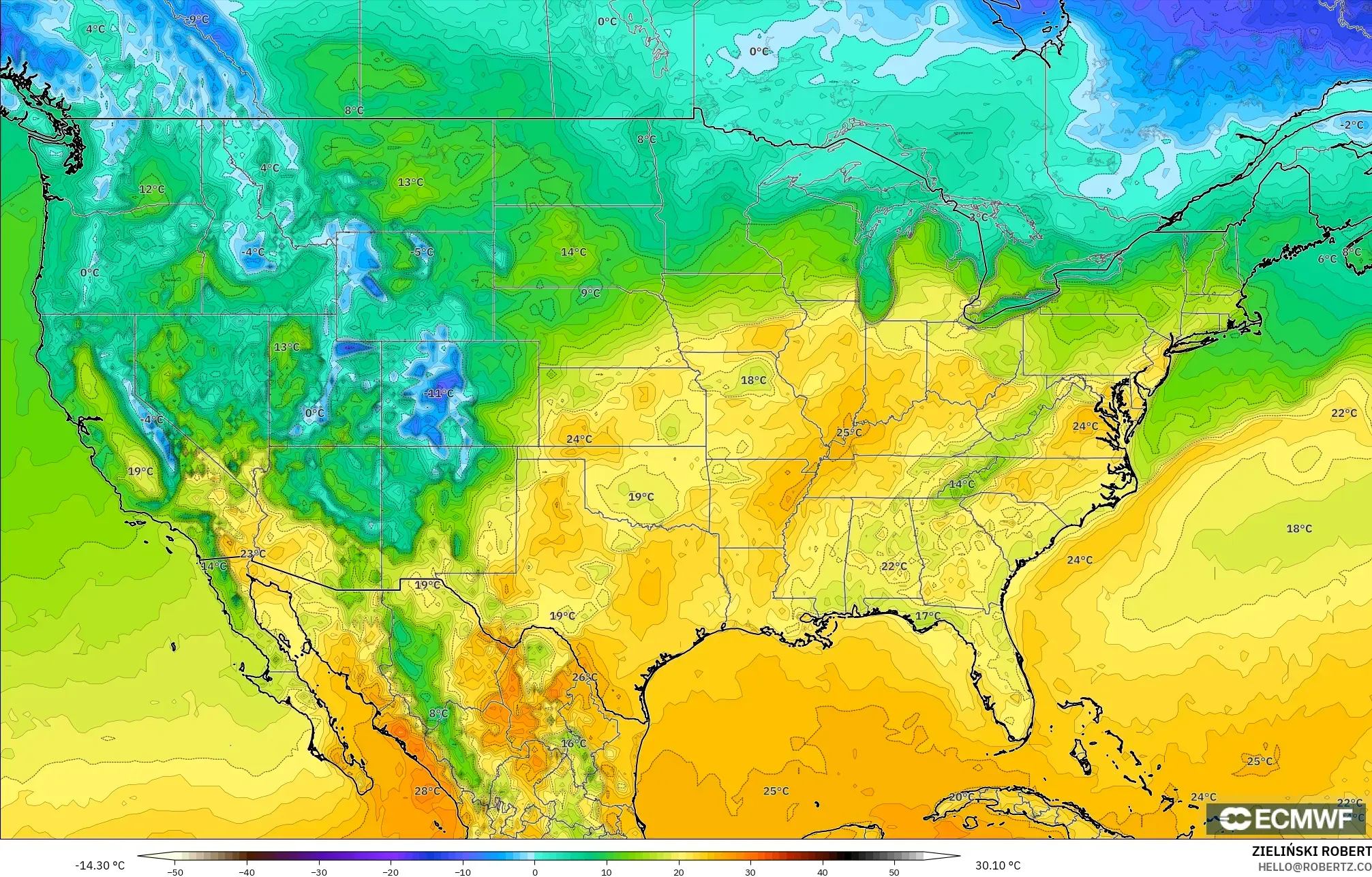 ECMWF IFS 0.25° نموذج - الولايات المتحدة, درجة الحرارة على ارتفاع 2 م