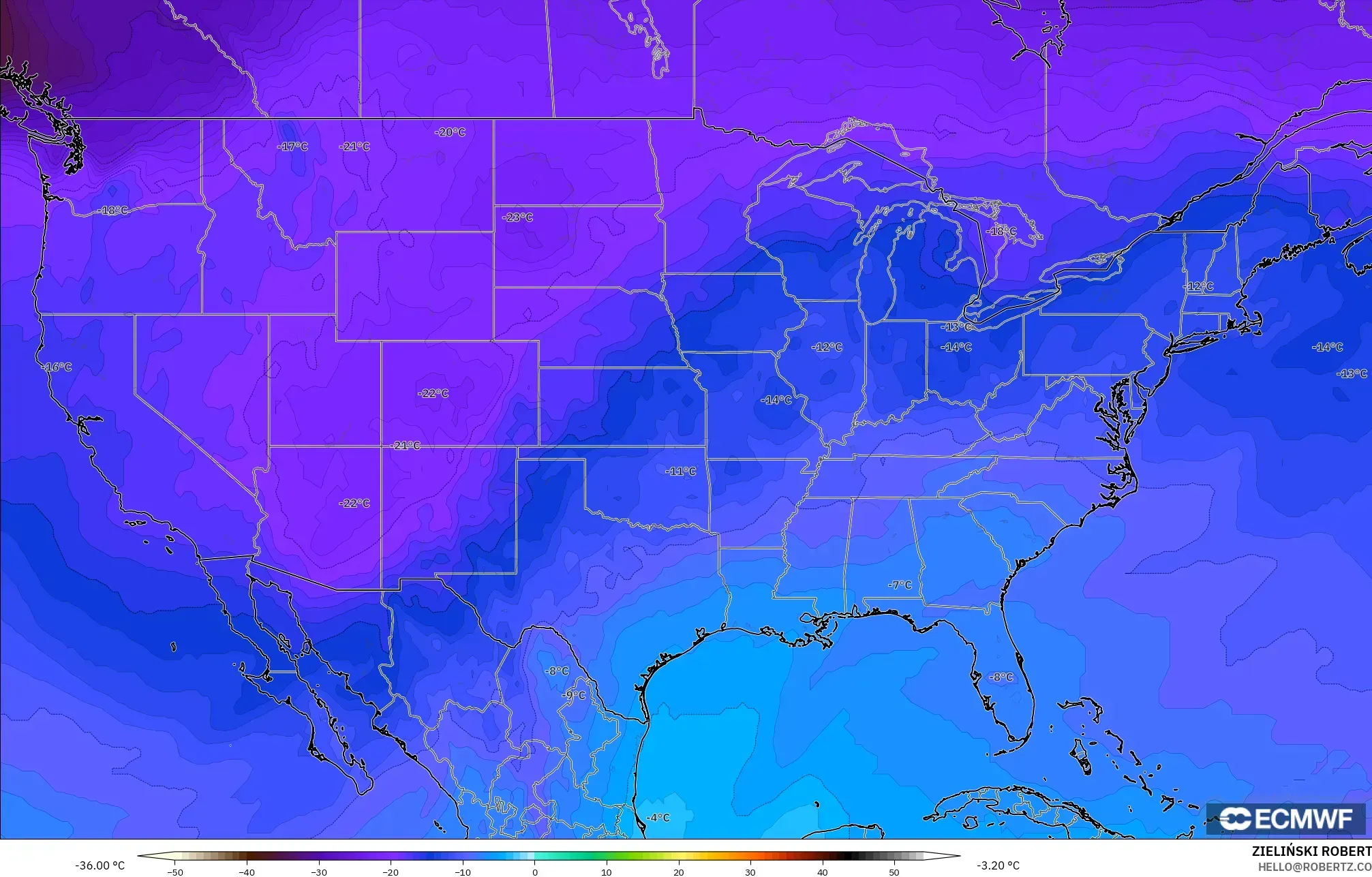 ECMWF IFS 0.25° نموذج - الولايات المتحدة, درجة الحرارة 500 hPa