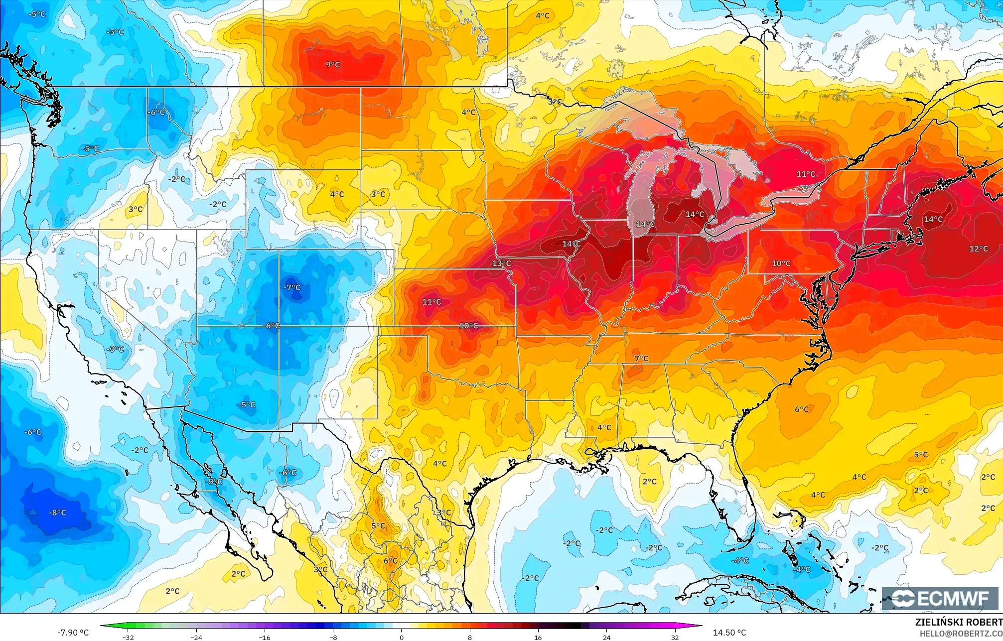 ECMWF IFS 0.25° نموذج - الولايات المتحدة, انحراف درجة الحرارة 850 hPa