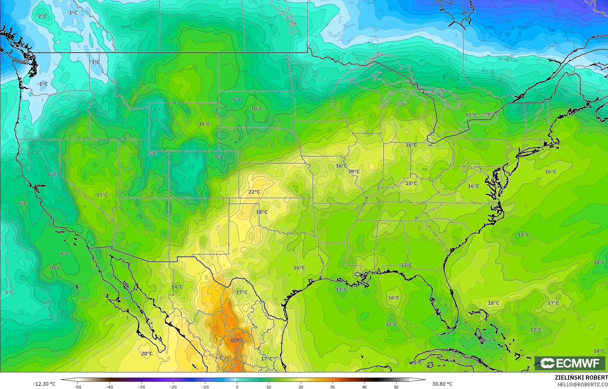 ECMWF IFS 0.25° نموذج - الولايات المتحدة, درجة الحرارة 850 hPa