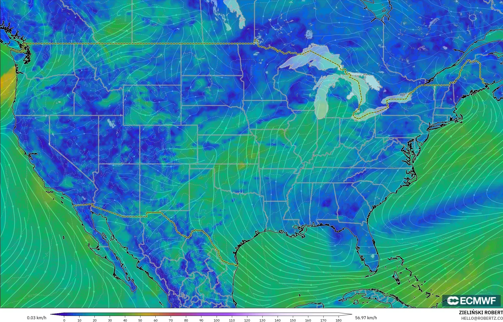 ECMWF IFS 0.25° نموذج - الولايات المتحدة, رياح 10 م