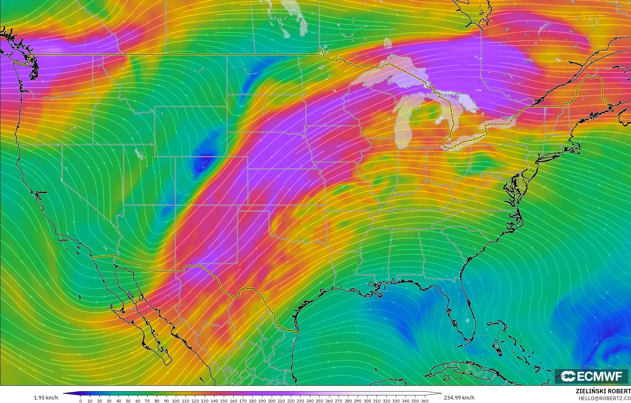 ECMWF IFS 0.25° نموذج - الولايات المتحدة, رياح 300 hPa (تيار نفاث)