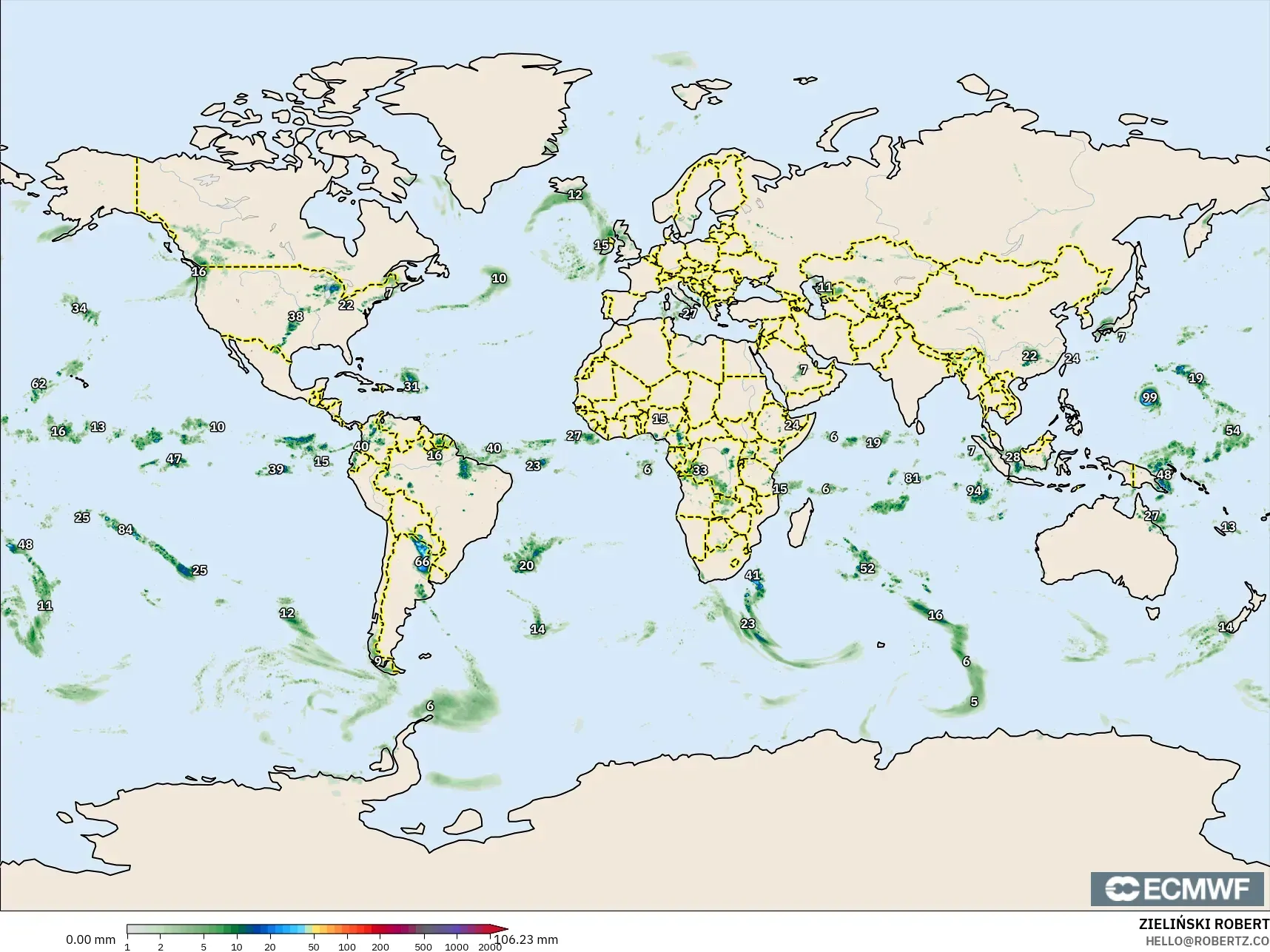ECMWF IFS 0.25° نموذج - العالم, تراكم الهطول