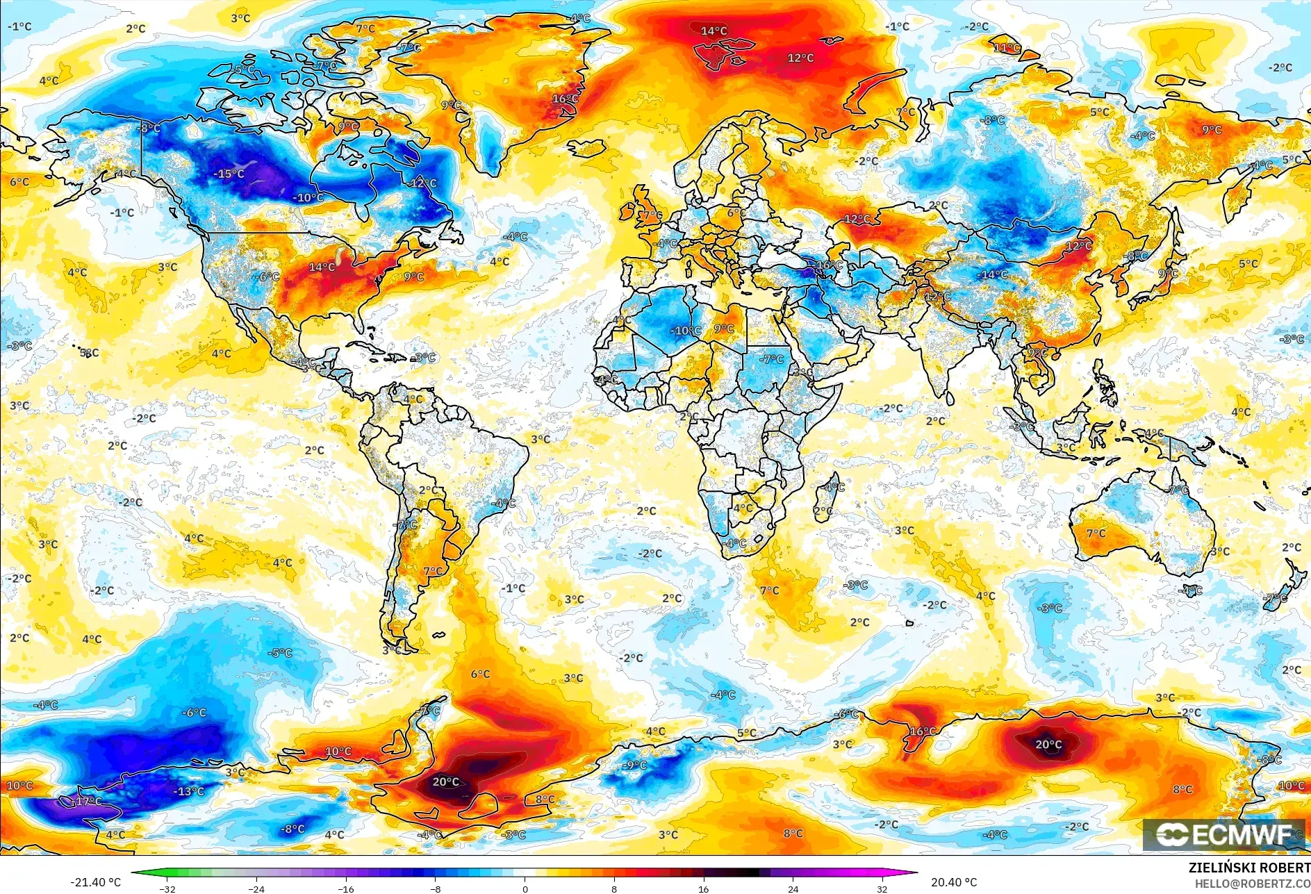 ECMWF IFS 0.25° نموذج - العالم, انحراف درجة الحرارة 2 م