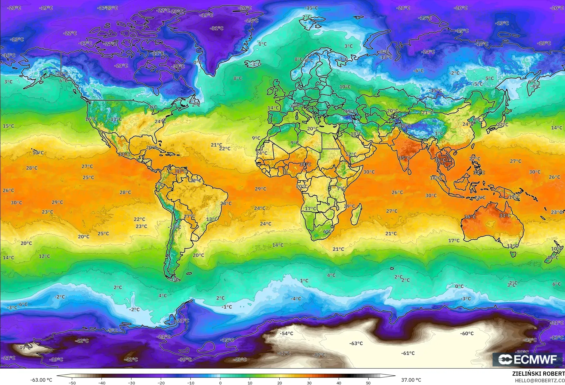 ECMWF IFS 0.25° نموذج - العالم, درجة الحرارة على ارتفاع 2 م