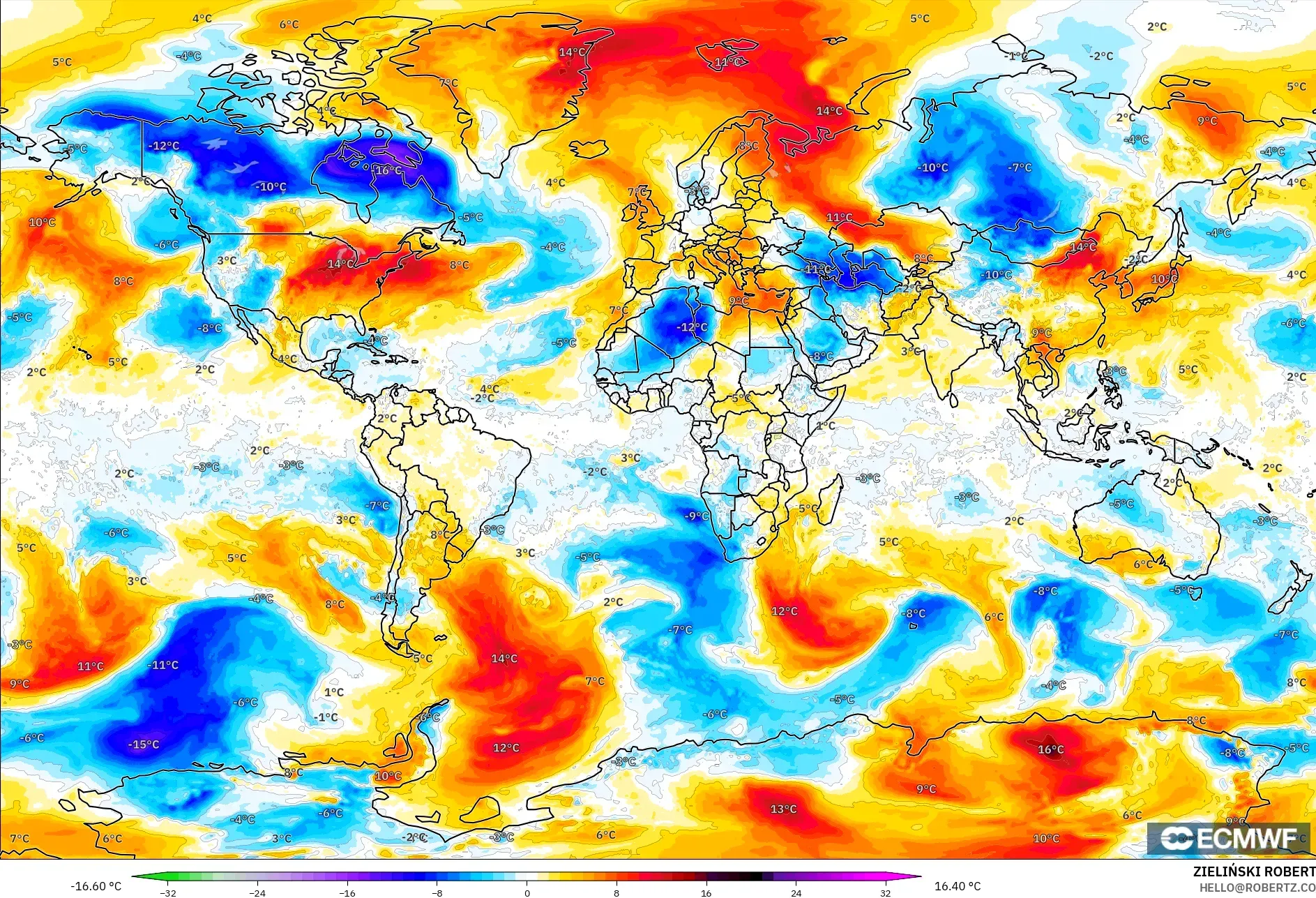 ECMWF IFS 0.25° نموذج - العالم, انحراف درجة الحرارة 850 hPa
