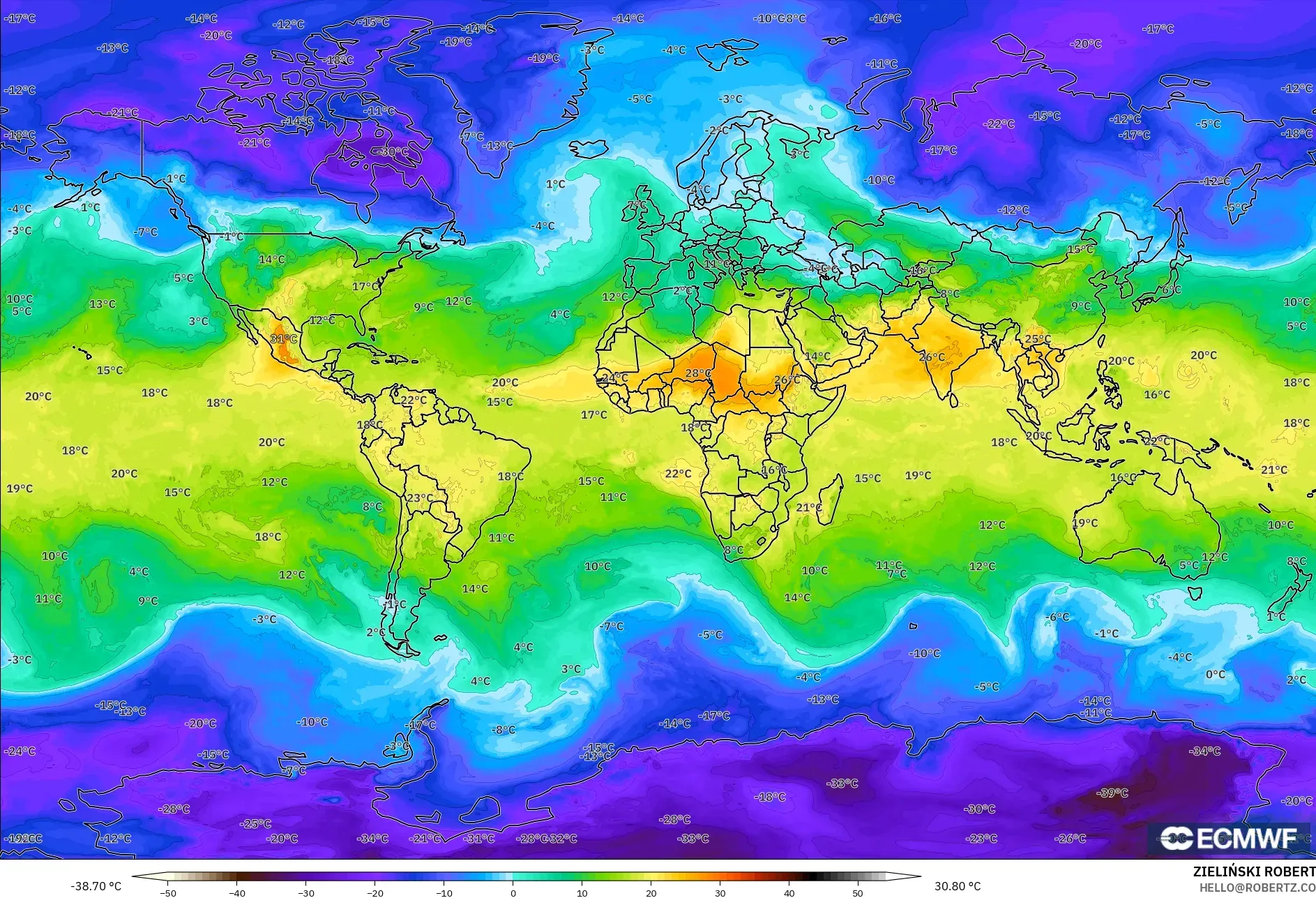 ECMWF IFS 0.25° نموذج - العالم, درجة الحرارة 850 hPa