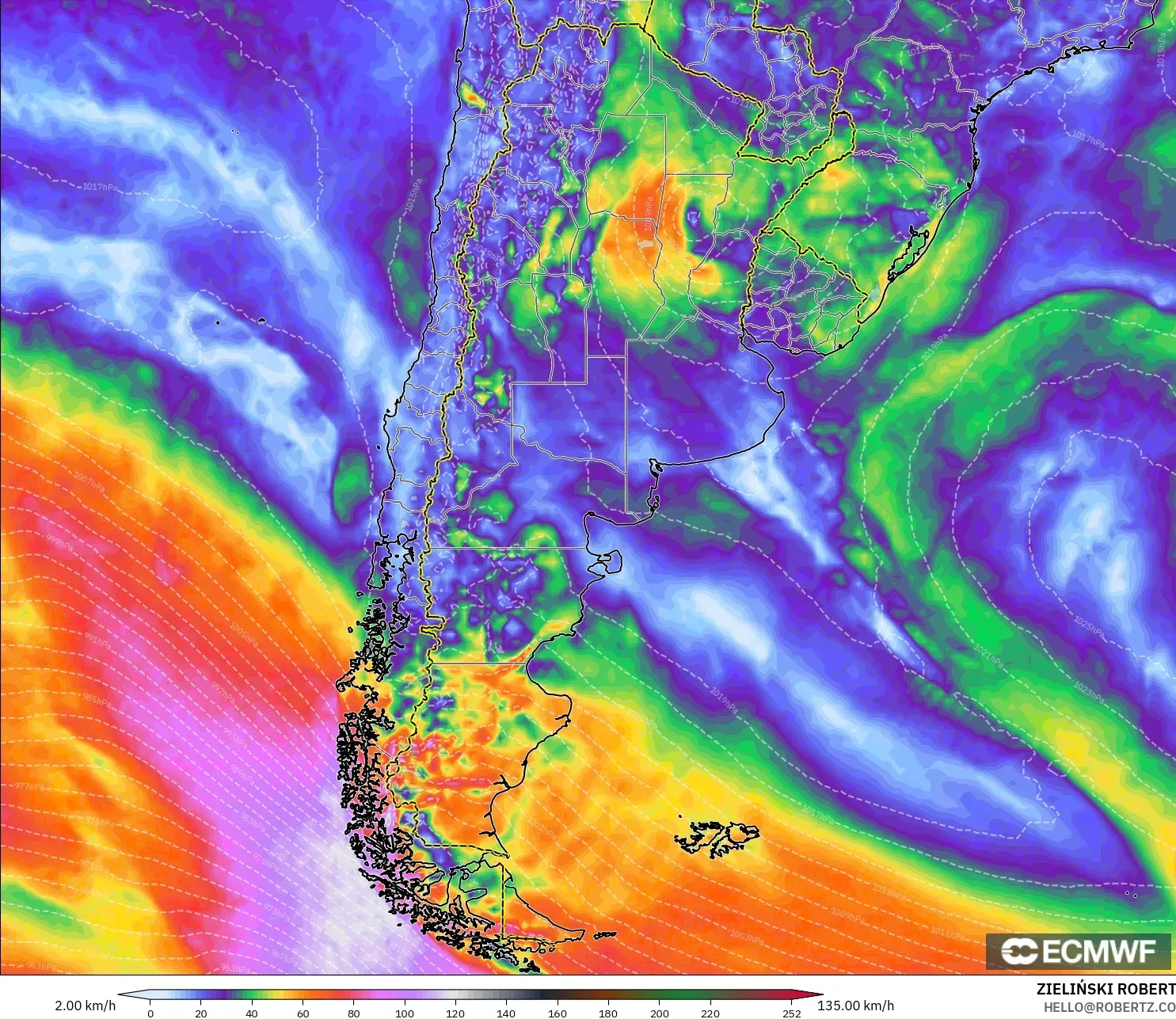 ECMWF IFS 0.25° نموذج - الأرجنتين, هبات الرياح