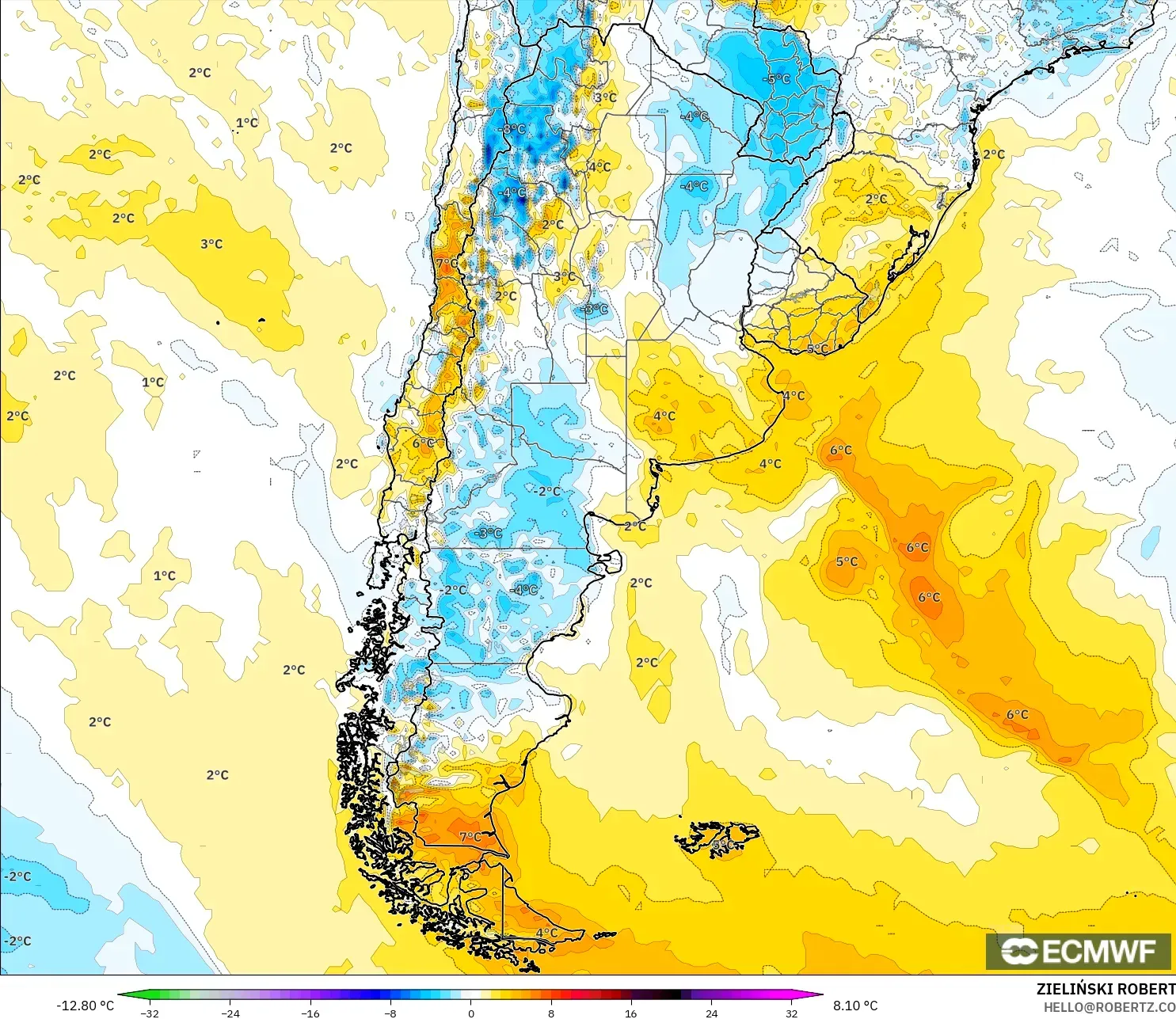 ECMWF IFS 0.25° نموذج - الأرجنتين, انحراف درجة الحرارة 2 م