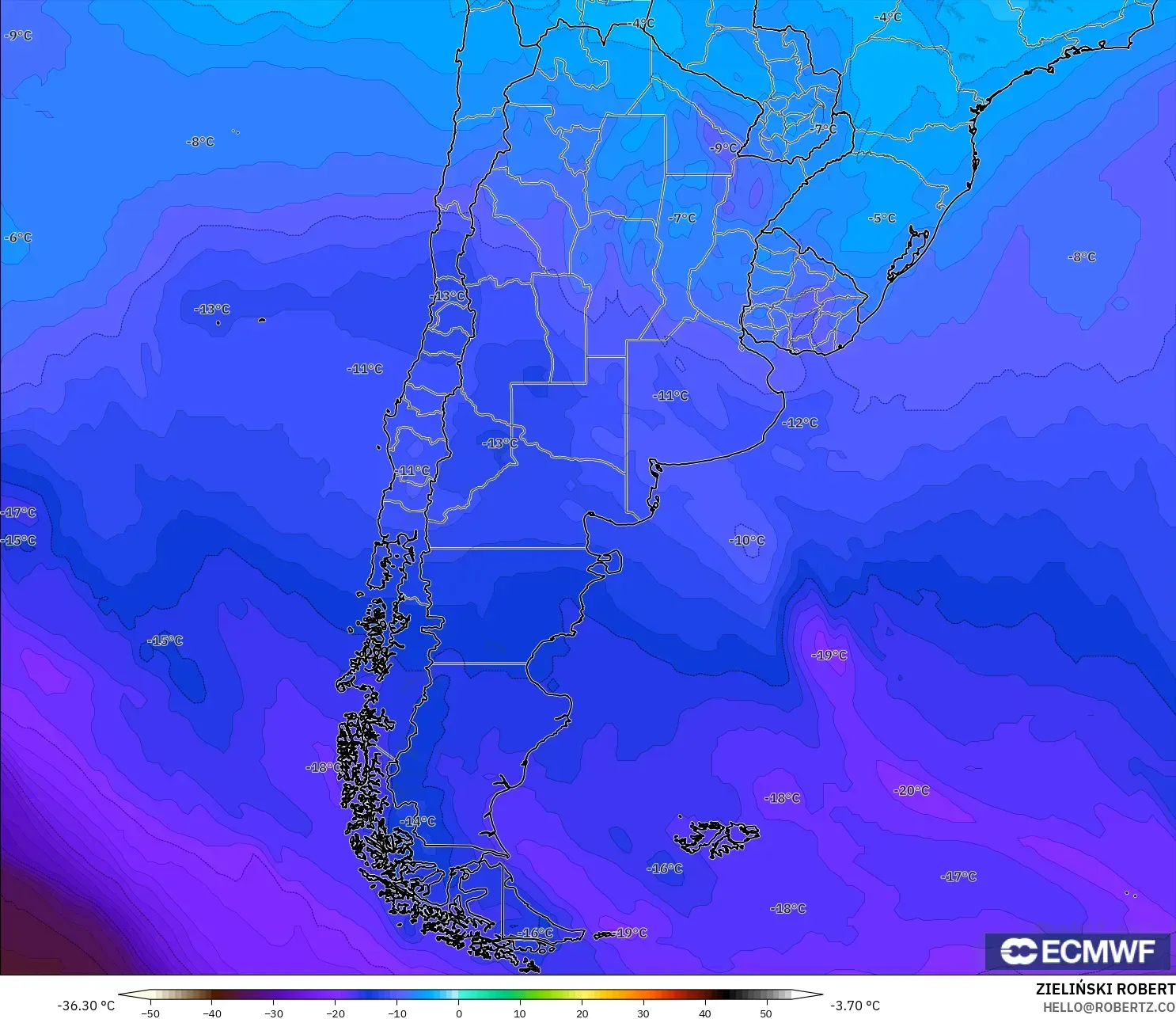 ECMWF IFS 0.25° نموذج - الأرجنتين, درجة الحرارة 500 hPa