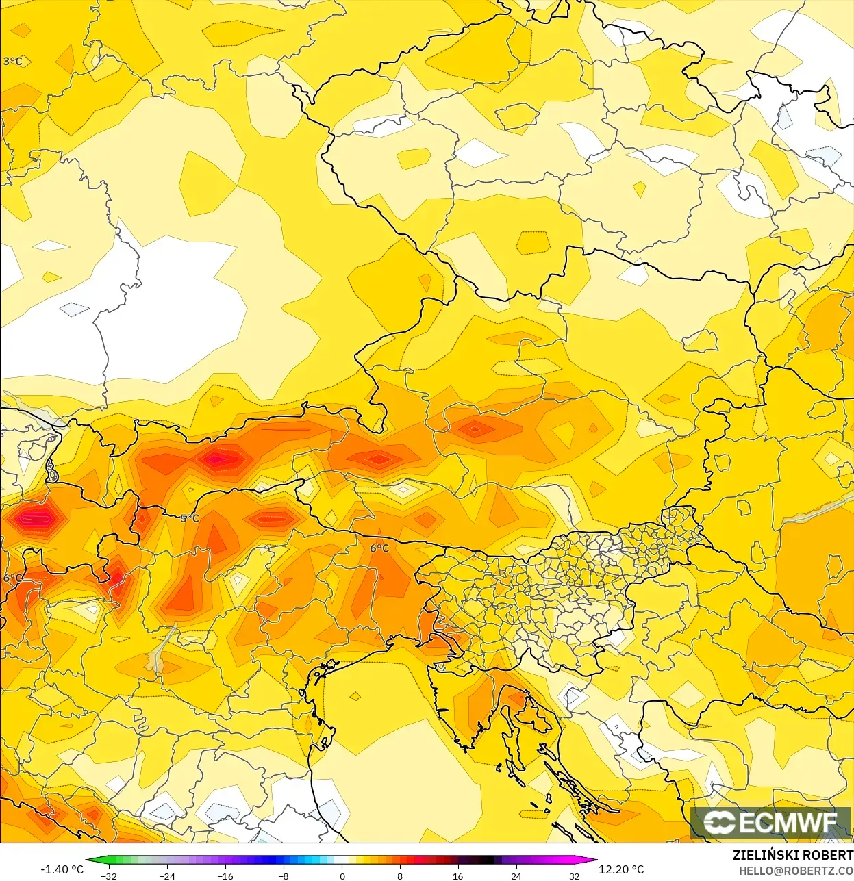 ECMWF IFS 0.25° نموذج - النمسا, انحراف درجة الحرارة 2 م