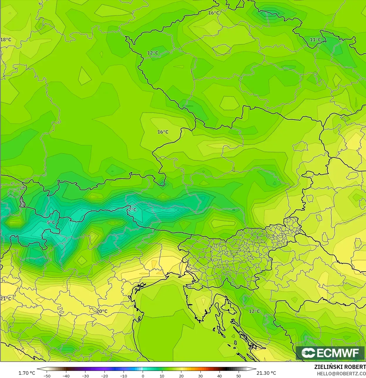 ECMWF IFS 0.25° نموذج - النمسا, درجة الحرارة على ارتفاع 2 م