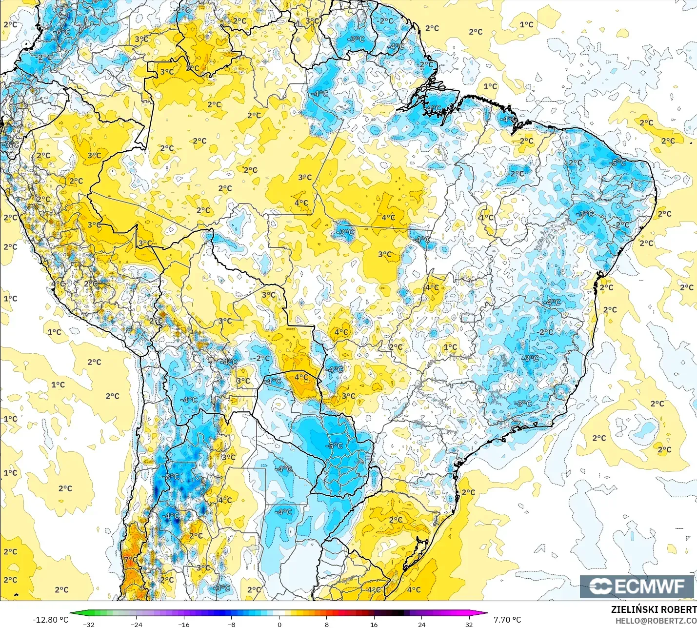 ECMWF IFS 0.25° نموذج - البرازيل, انحراف درجة الحرارة 2 م
