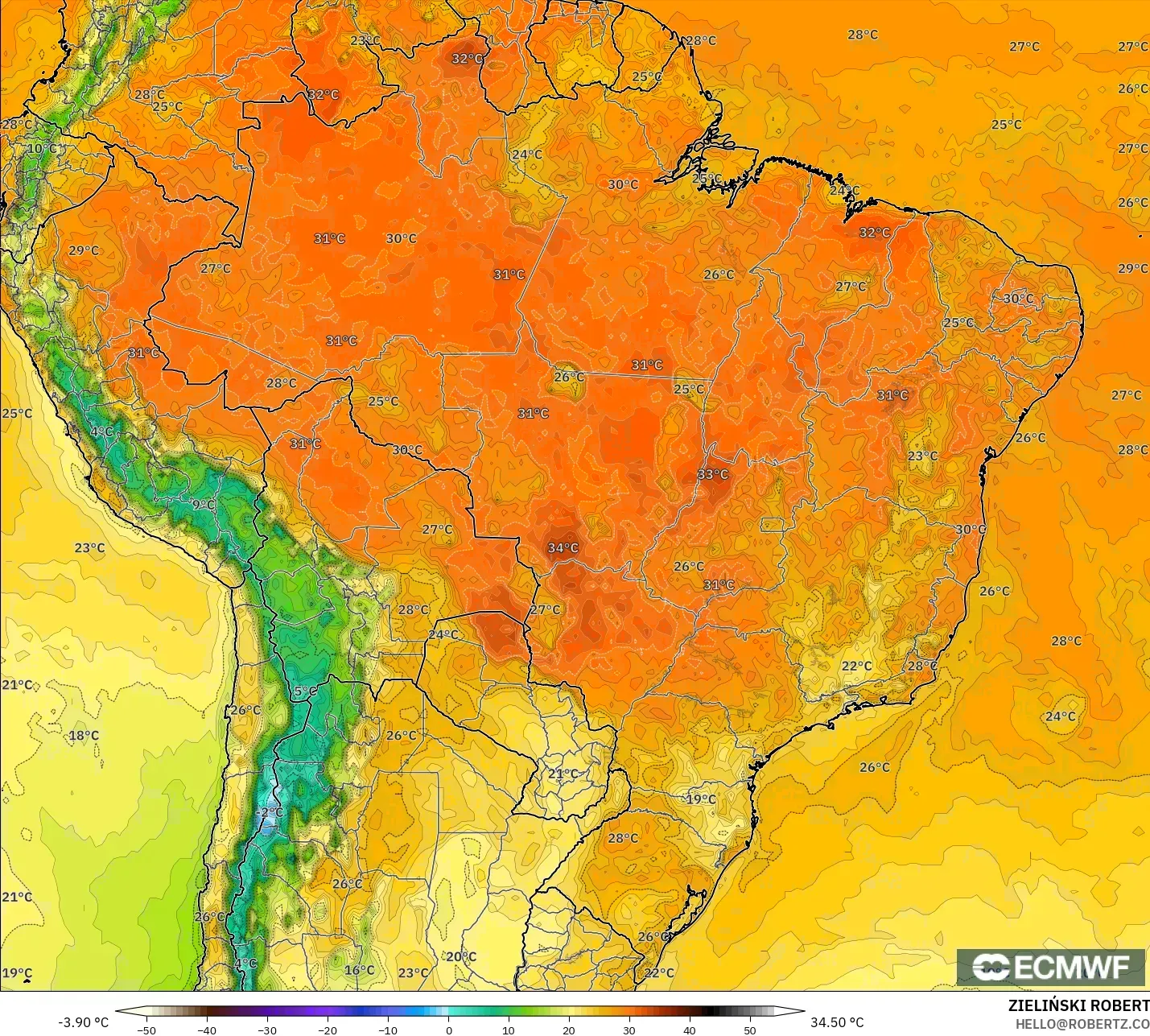 ECMWF IFS 0.25° نموذج - البرازيل, درجة الحرارة على ارتفاع 2 م