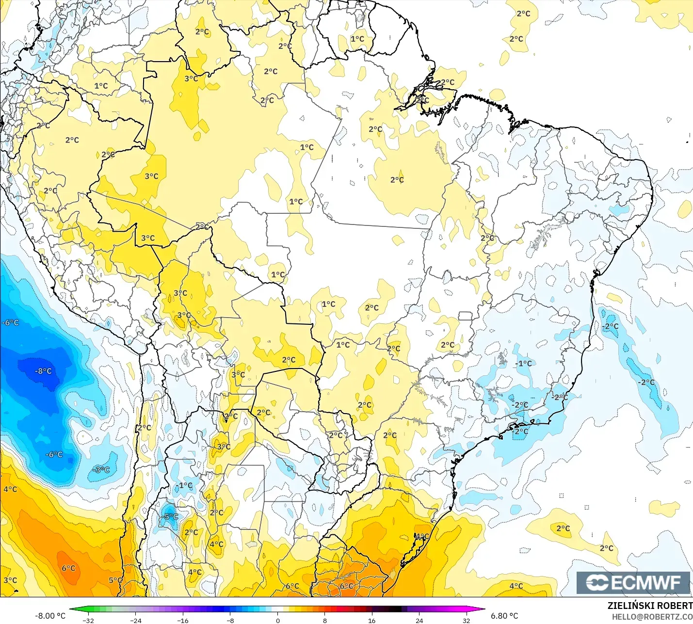 ECMWF IFS 0.25° نموذج - البرازيل, انحراف درجة الحرارة 850 hPa
