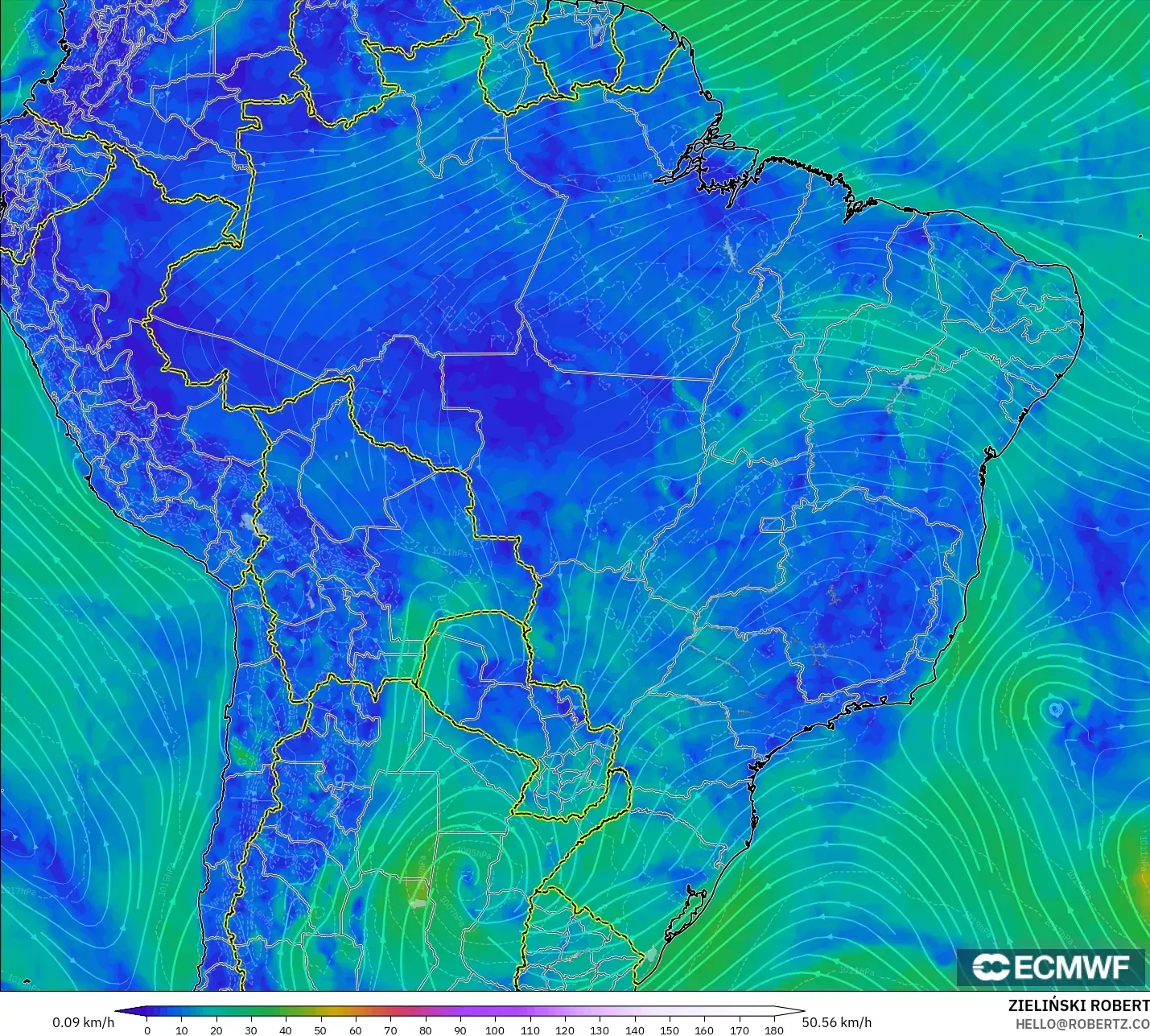 ECMWF IFS 0.25° نموذج - البرازيل, رياح 10 م