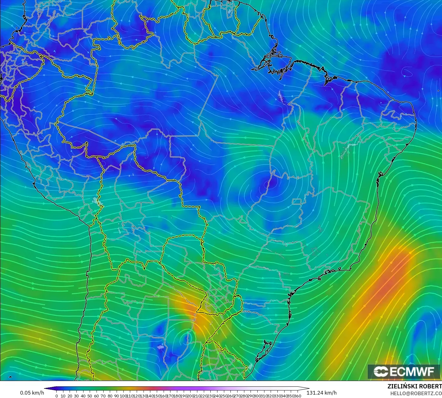 ECMWF IFS 0.25° نموذج - البرازيل, رياح 300 hPa (تيار نفاث)