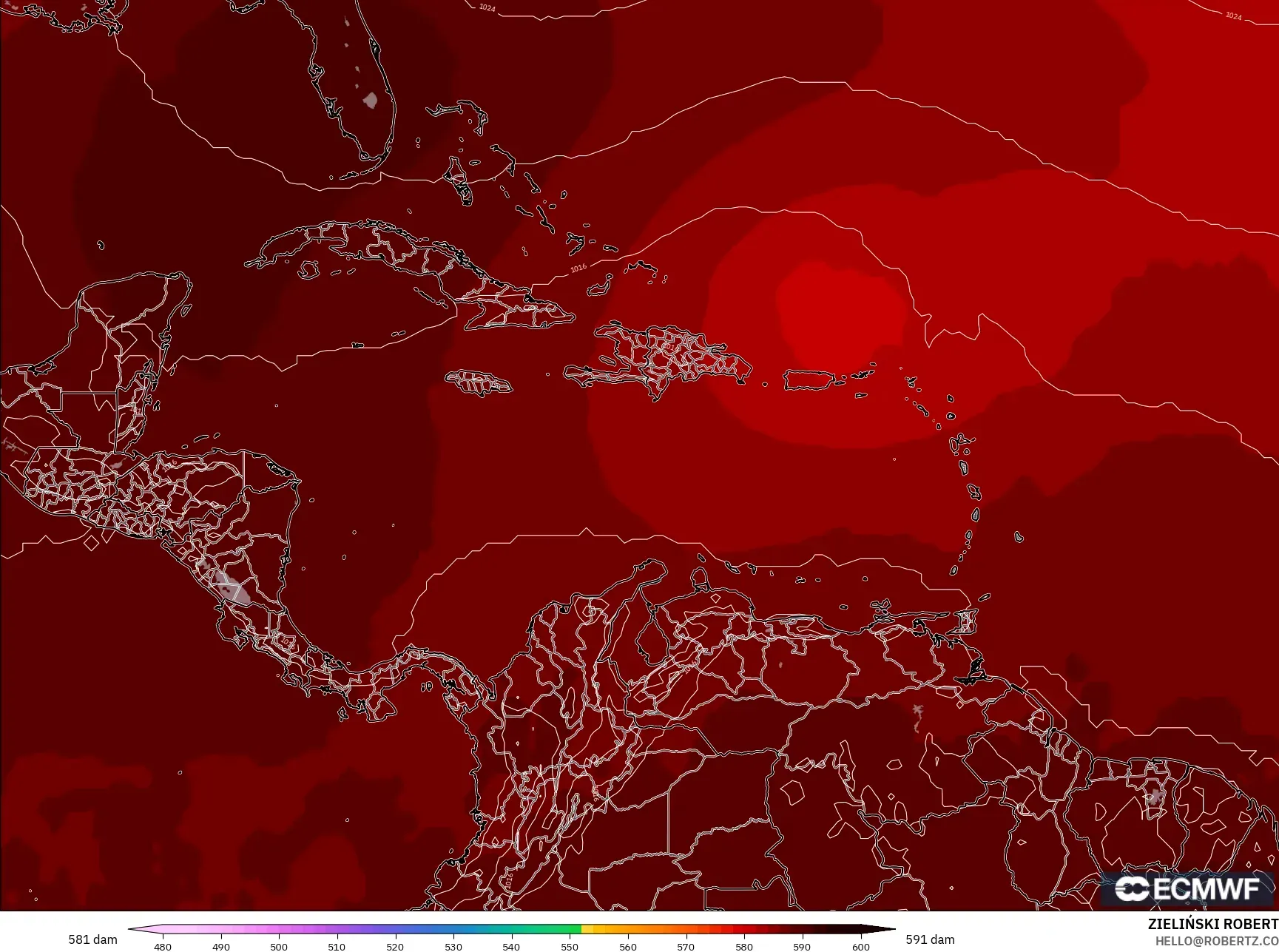 ECMWF IFS 0.25° نموذج - الكاريبي, الارتفاع الجهدي عند 500 هكتوباسكال