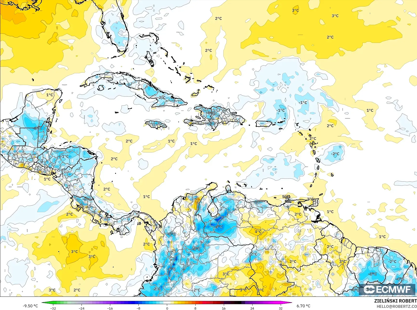 ECMWF IFS 0.25° نموذج - الكاريبي, انحراف درجة الحرارة 2 م
