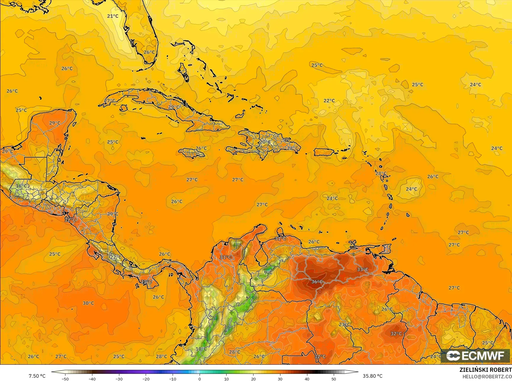 ECMWF IFS 0.25° نموذج - الكاريبي, درجة الحرارة على ارتفاع 2 م
