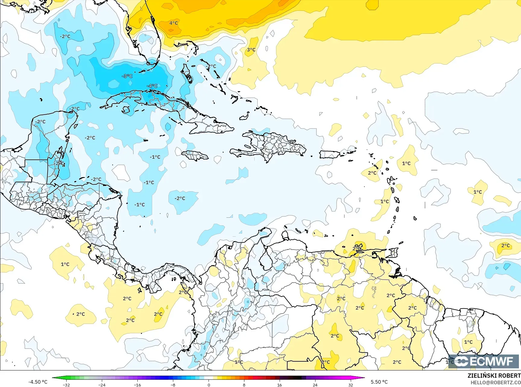 ECMWF IFS 0.25° نموذج - الكاريبي, انحراف درجة الحرارة 850 hPa