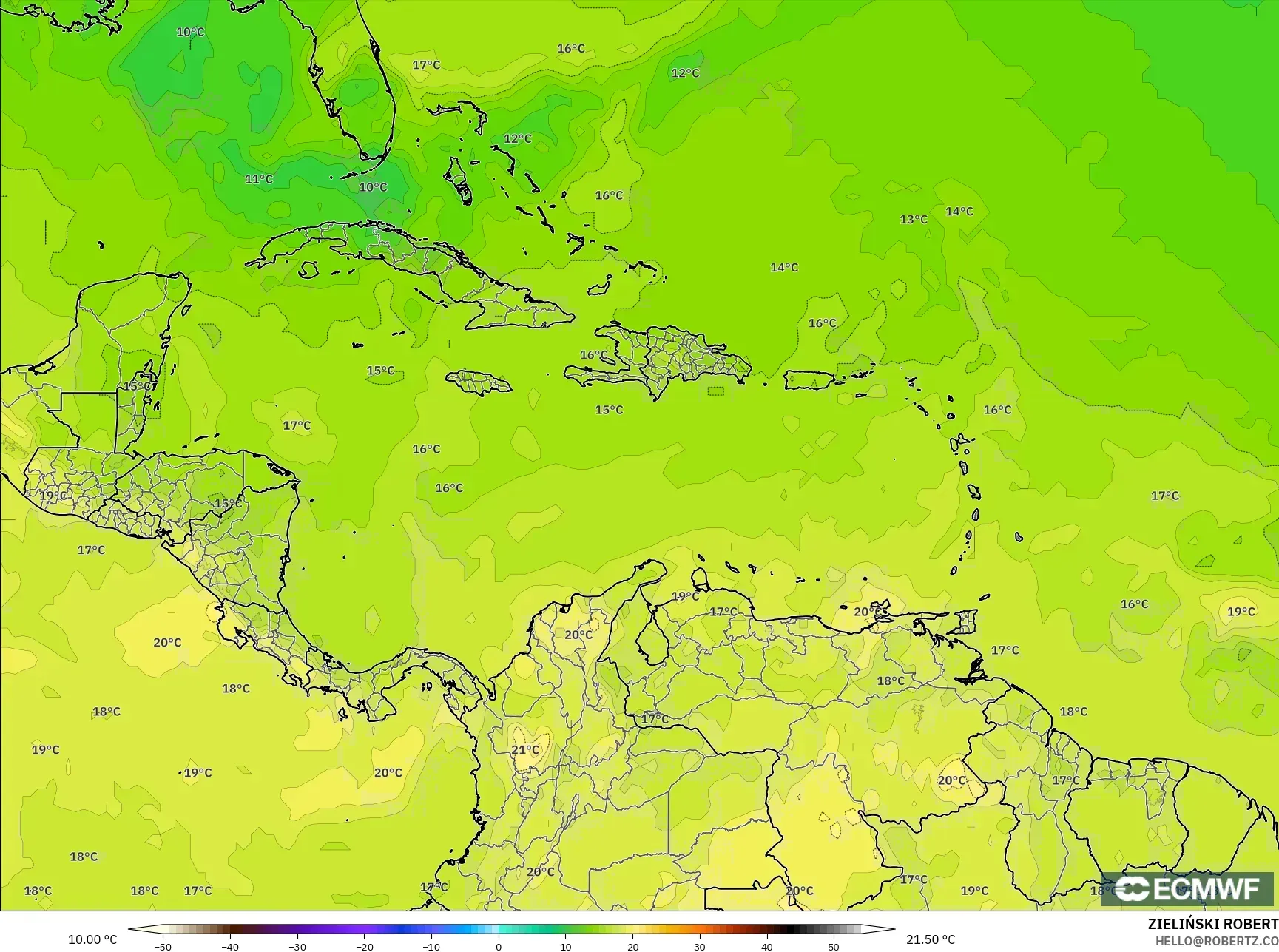 ECMWF IFS 0.25° نموذج - الكاريبي, درجة الحرارة 850 hPa