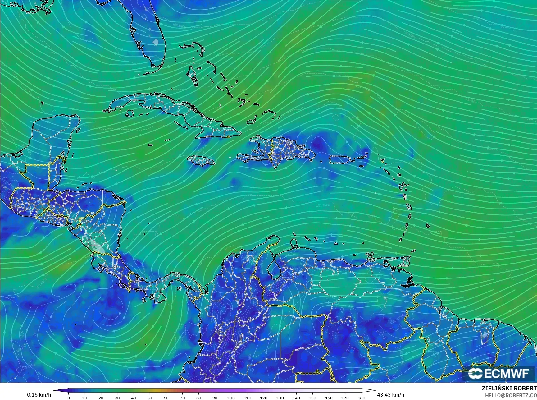 ECMWF IFS 0.25° نموذج - الكاريبي, رياح 10 م