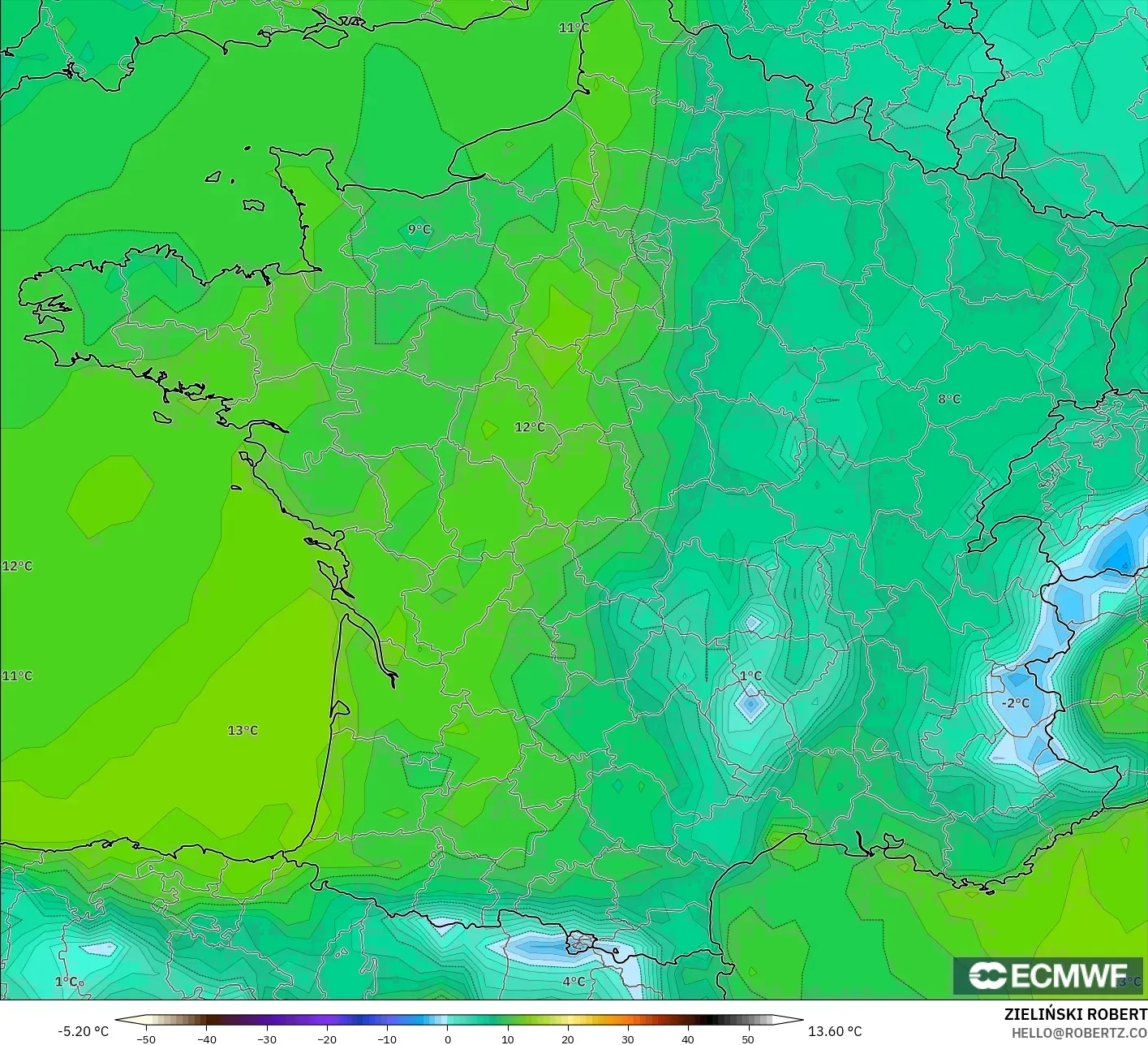 ECMWF IFS 0.25° نموذج - فرنسا, نقطة الندى 2 م