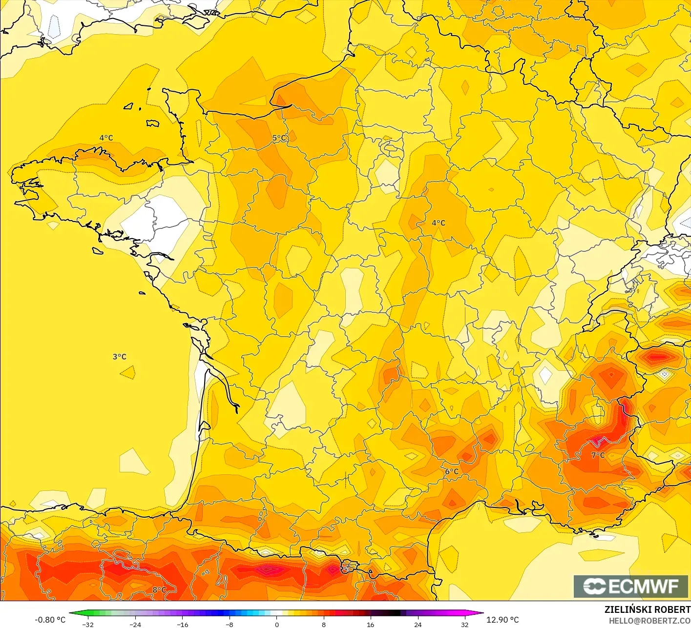 ECMWF IFS 0.25° نموذج - فرنسا, انحراف درجة الحرارة 2 م