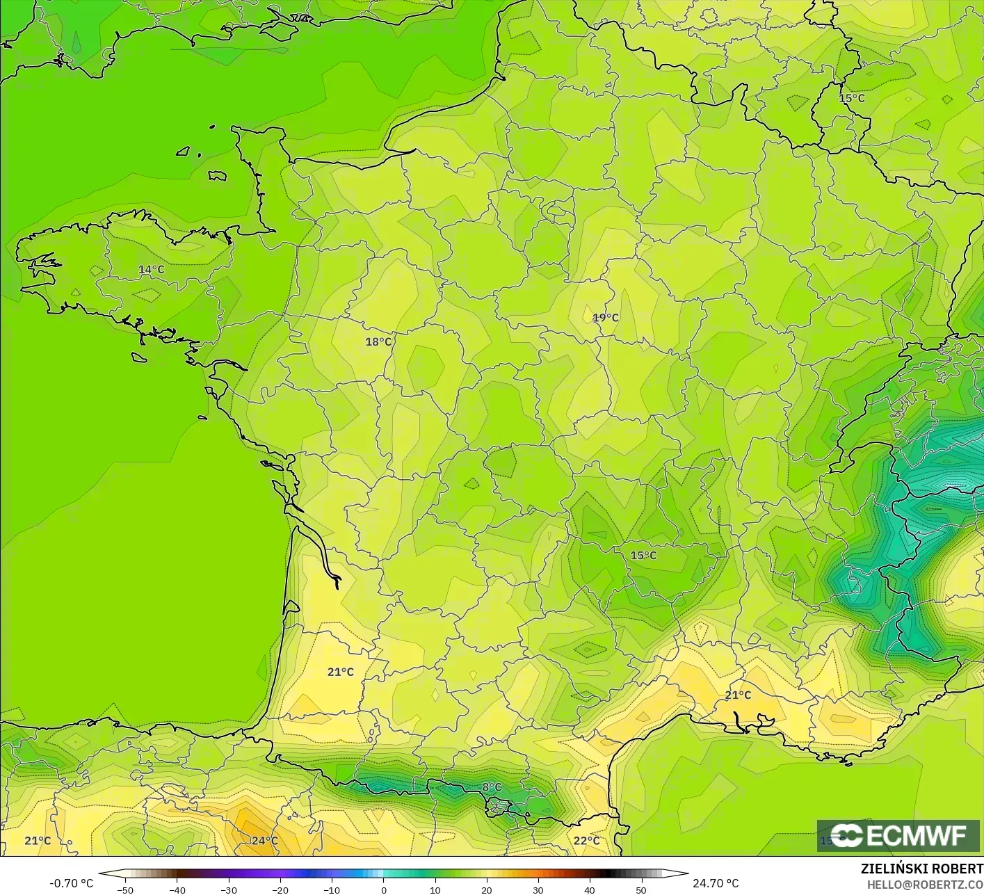 ECMWF IFS 0.25° نموذج - فرنسا, درجة الحرارة على ارتفاع 2 م