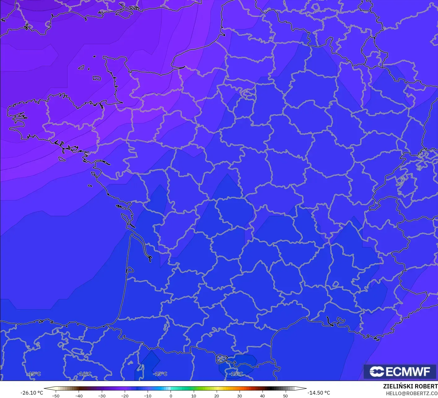 ECMWF IFS 0.25° نموذج - فرنسا, درجة الحرارة 500 hPa