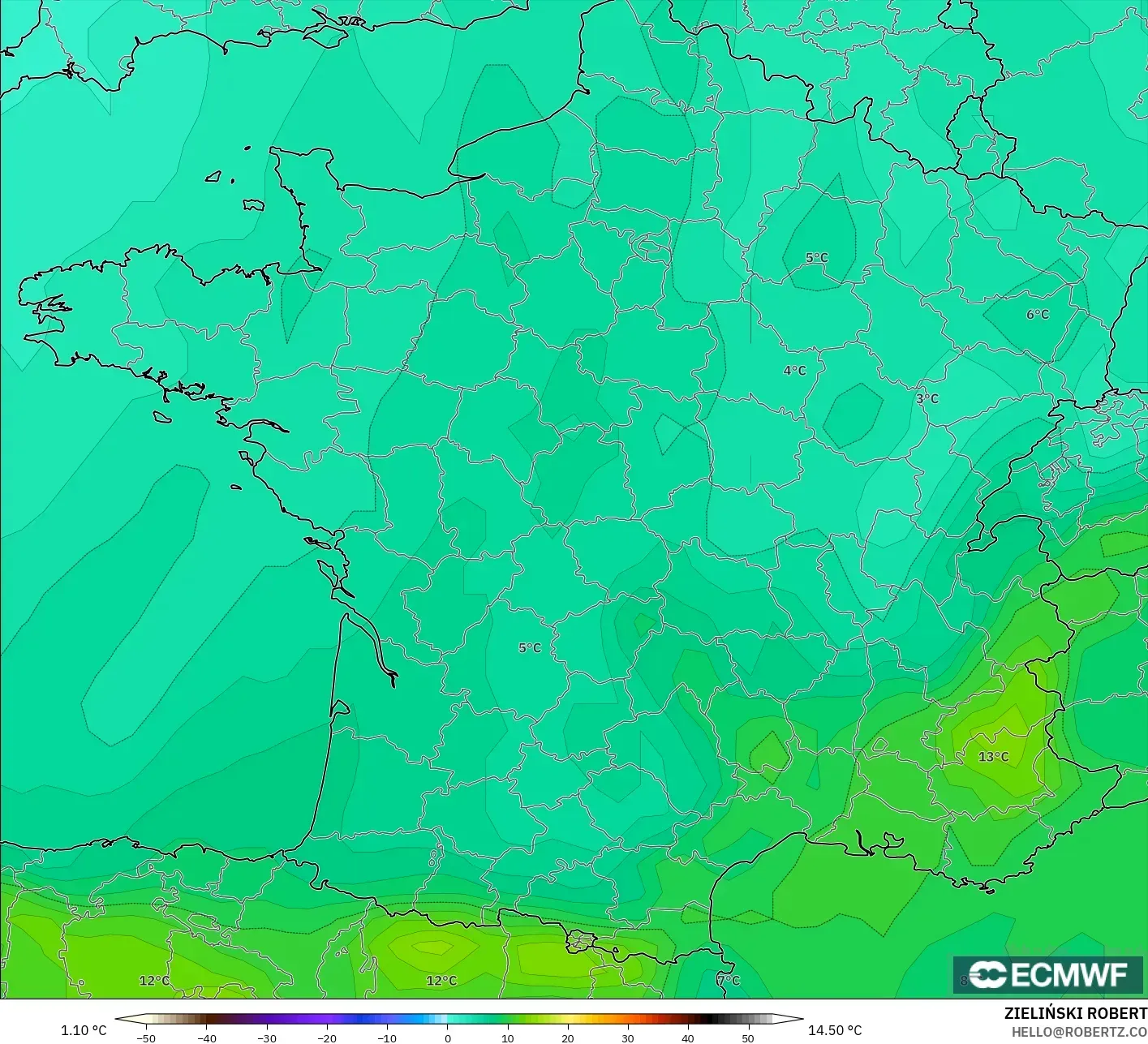 ECMWF IFS 0.25° نموذج - فرنسا, درجة الحرارة 850 hPa