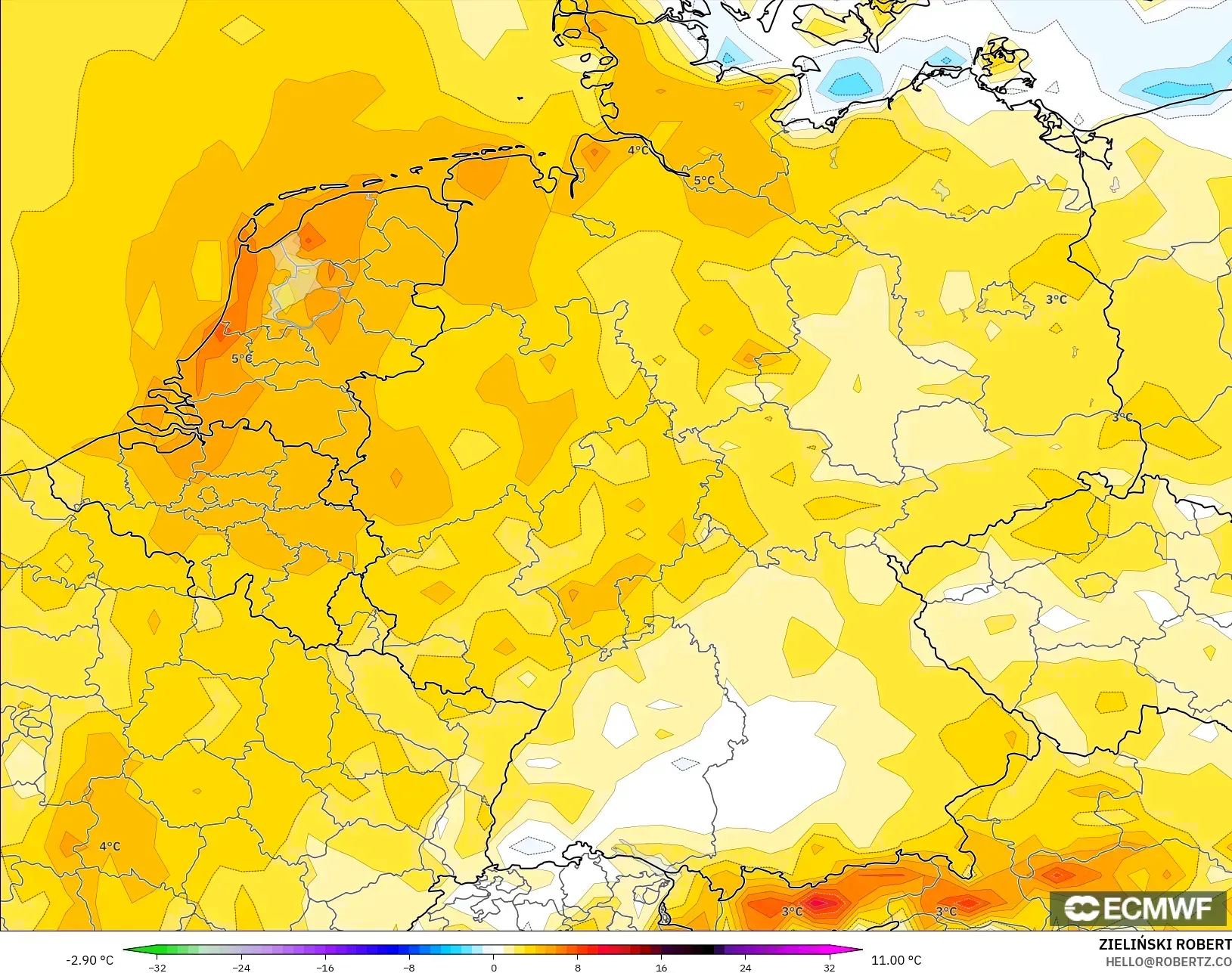 ECMWF IFS 0.25° نموذج - ألمانيا, انحراف درجة الحرارة 2 م