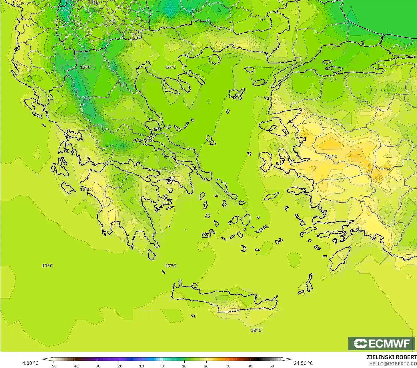 ECMWF IFS 0.25° نموذج - اليونان, درجة الحرارة على ارتفاع 2 م