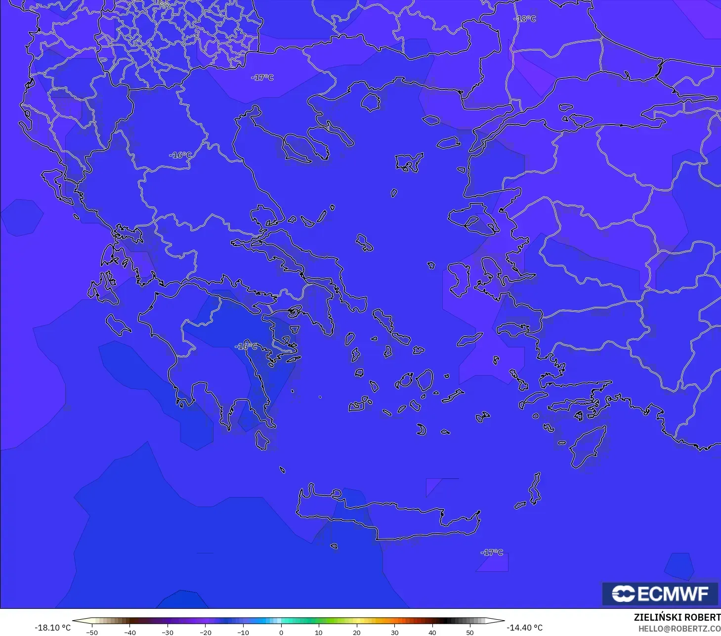 ECMWF IFS 0.25° نموذج - اليونان, درجة الحرارة 500 hPa