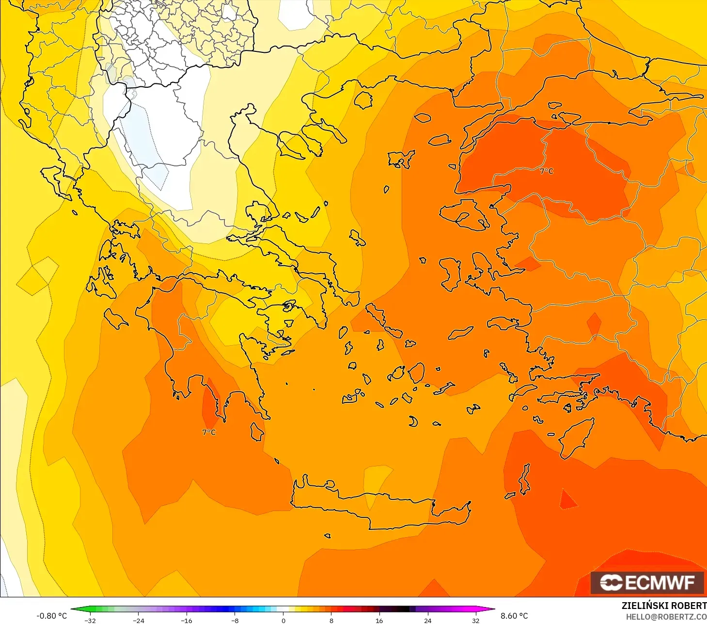 ECMWF IFS 0.25° نموذج - اليونان, انحراف درجة الحرارة 850 hPa