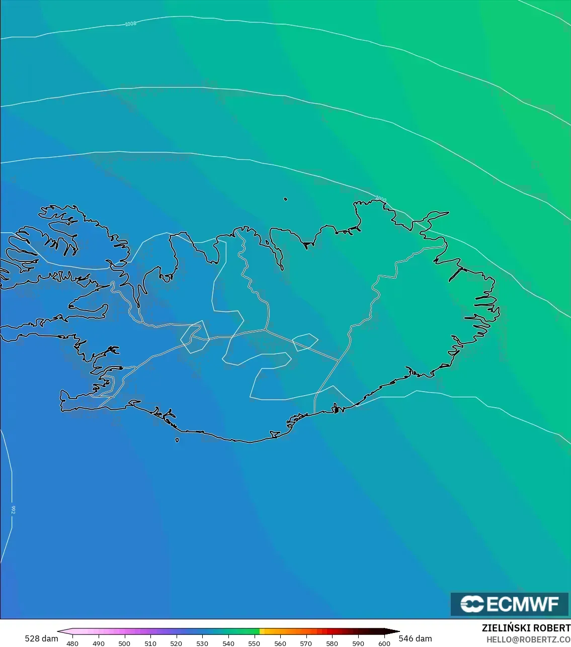 ECMWF IFS 0.25° نموذج - آيسلندا, الارتفاع الجهدي عند 500 هكتوباسكال