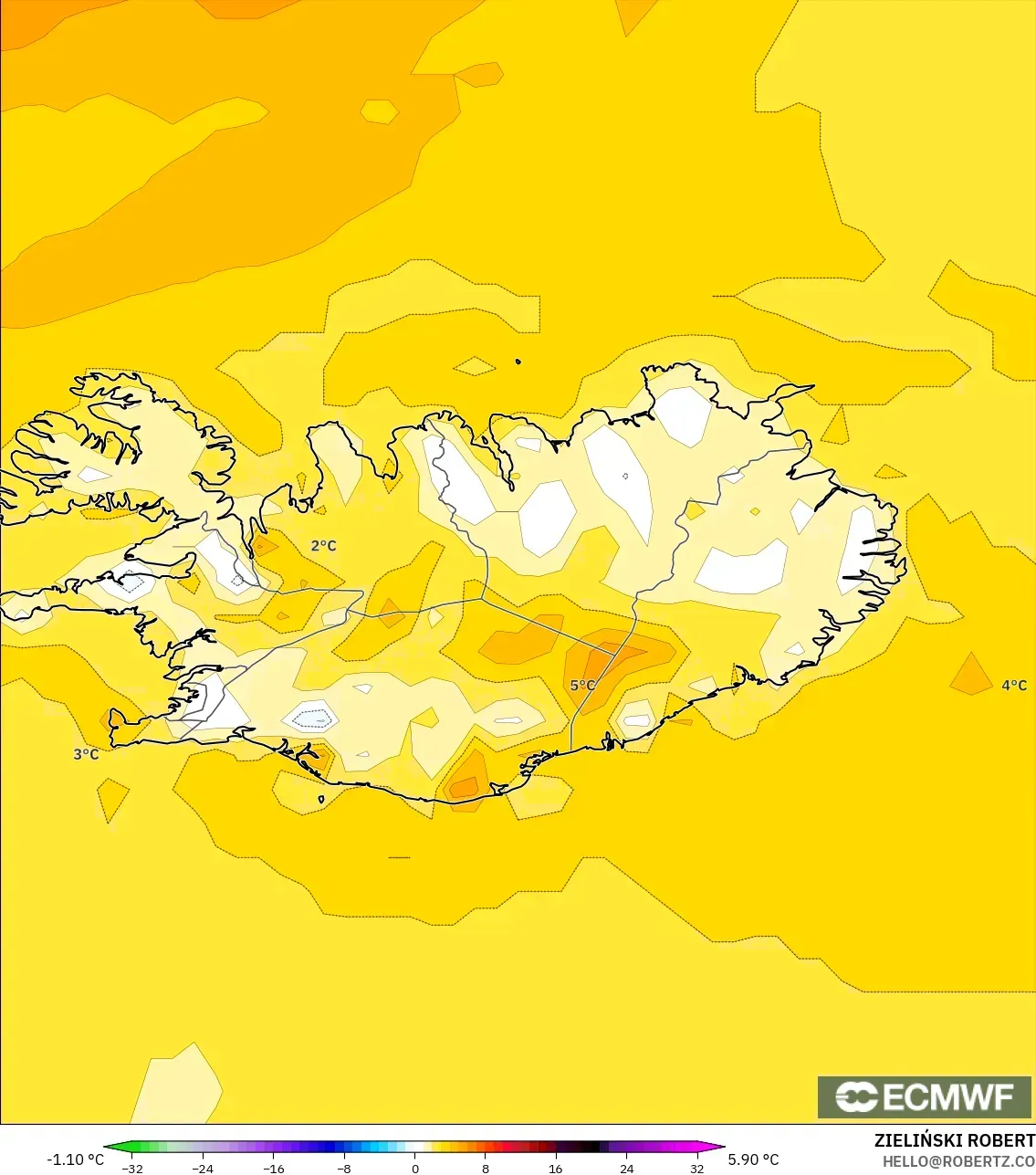 ECMWF IFS 0.25° model - Iceland, Temperature at 2m Anomaly