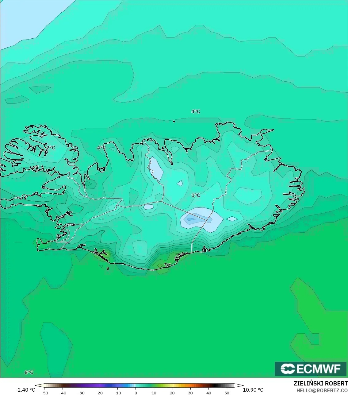 ECMWF IFS 0.25° نموذج - آيسلندا, درجة الحرارة على ارتفاع 2 م